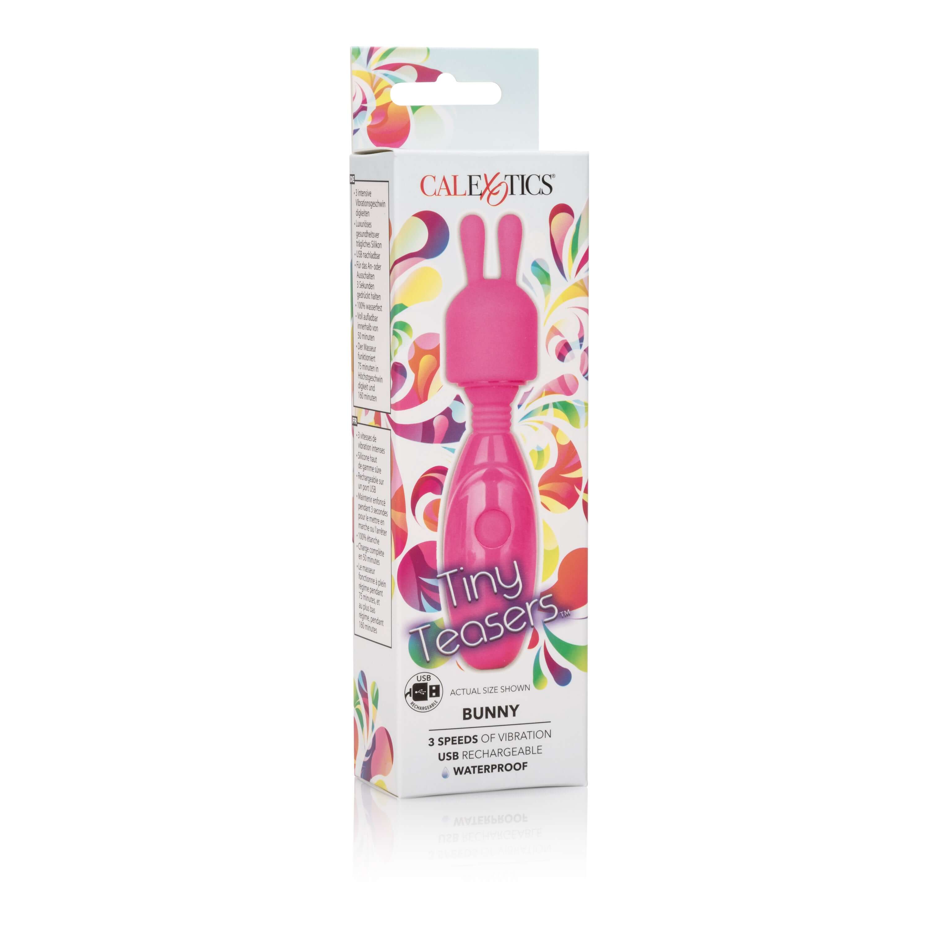 Tiny Teasers Bunny Massager Pink packaging with colorful design and bunny ears, featuring three speeds of vibration.
