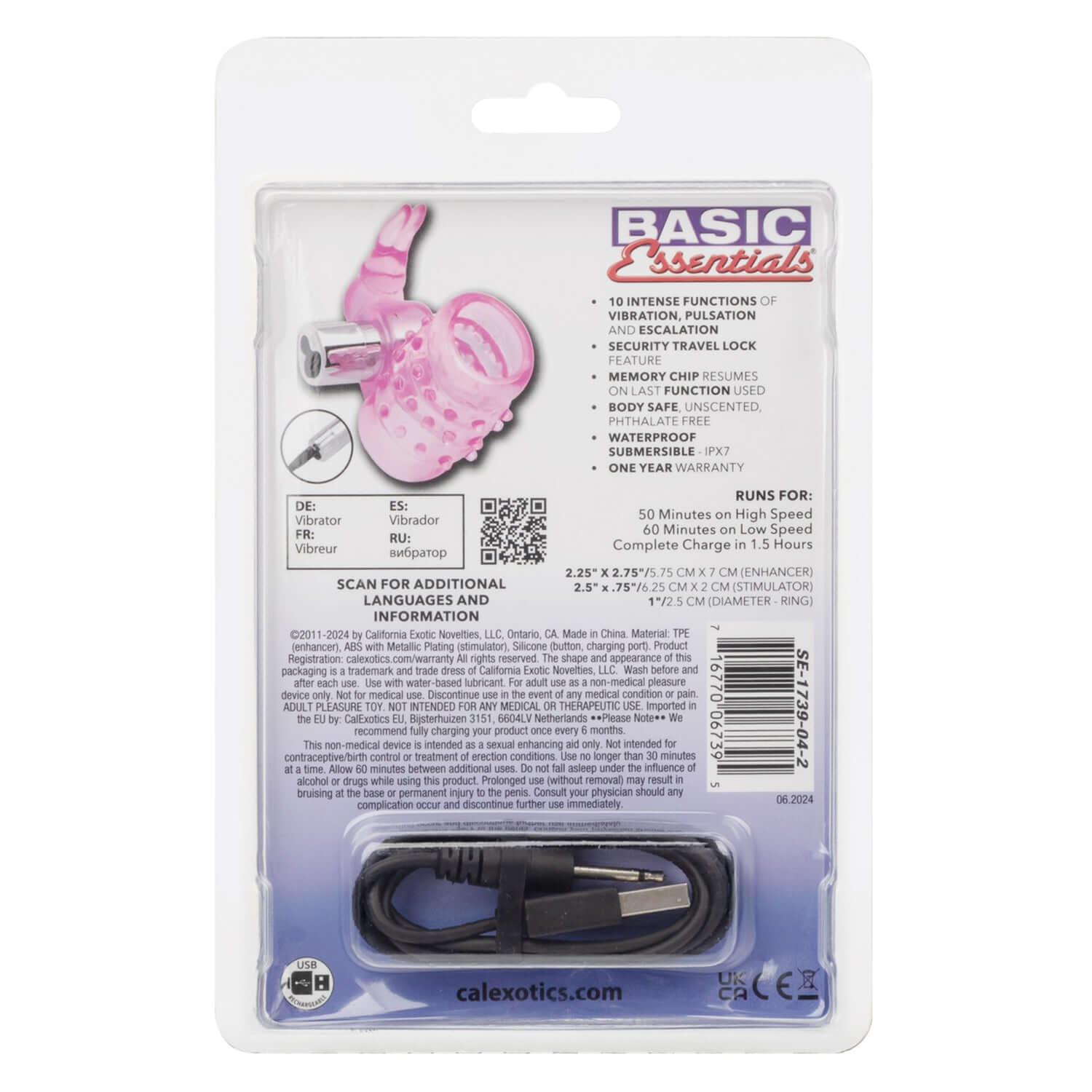 Basic Essentials Stretchy Vibrating Bunny Enhancer Pink package back showing features and specifications.