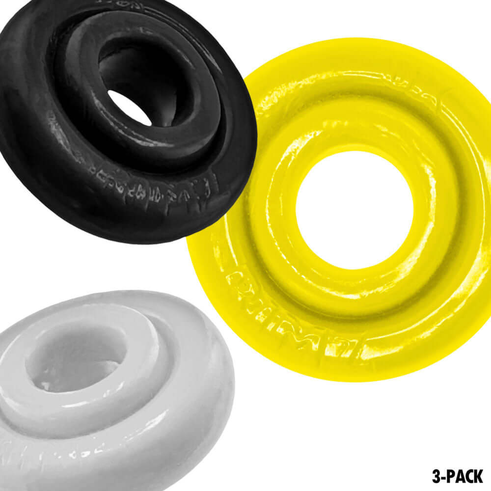 Oxballs Rimringz Multi Size 3 Pack Shockwave featuring black, white, and yellow cock rings.