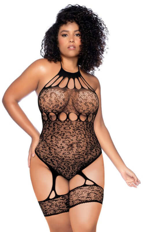 Leopard Halter Fishnet Bodysuit - Curve Os - Black-0