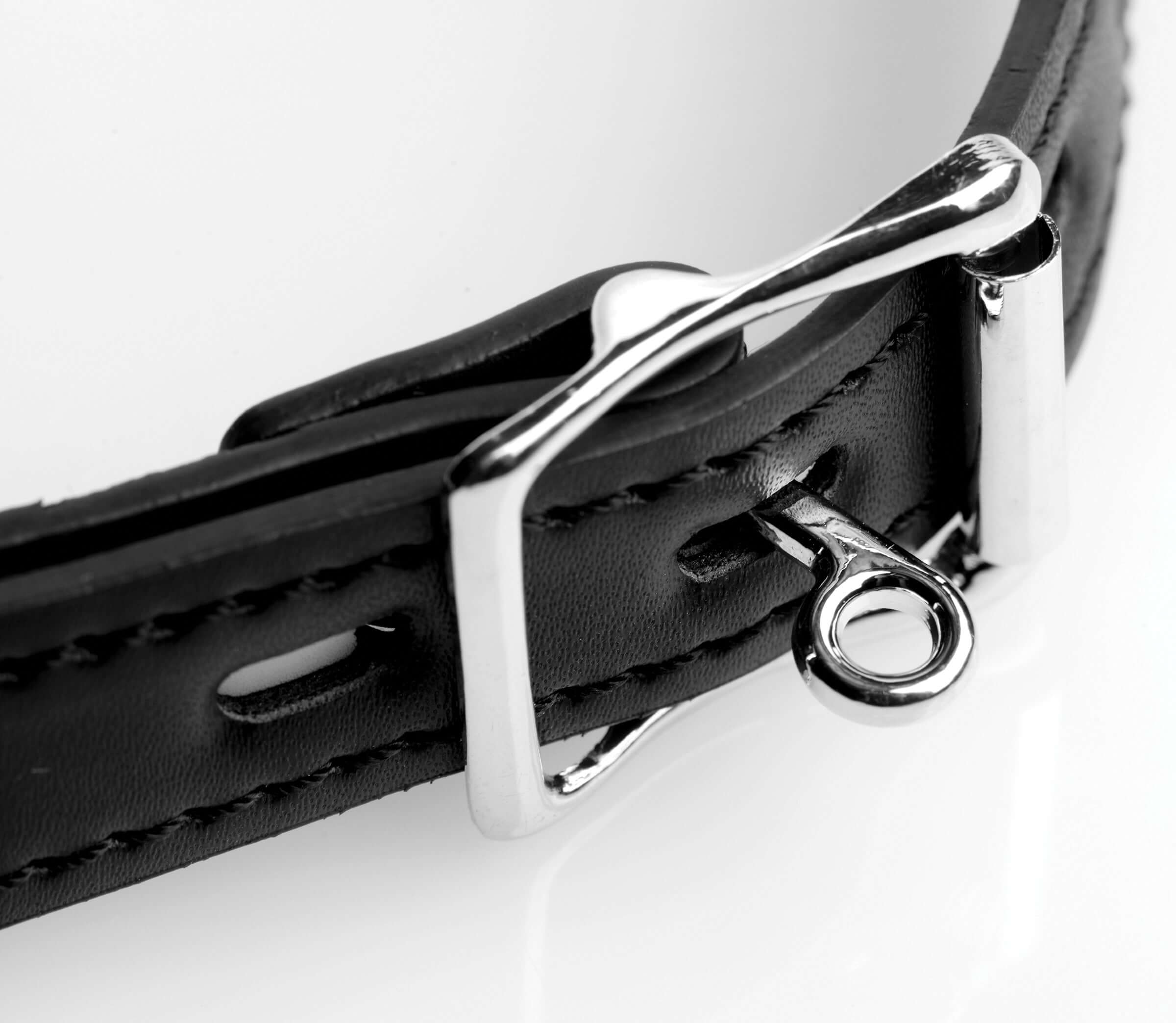 Close-up of a black leather strap with a silver buckle and adjustable features.