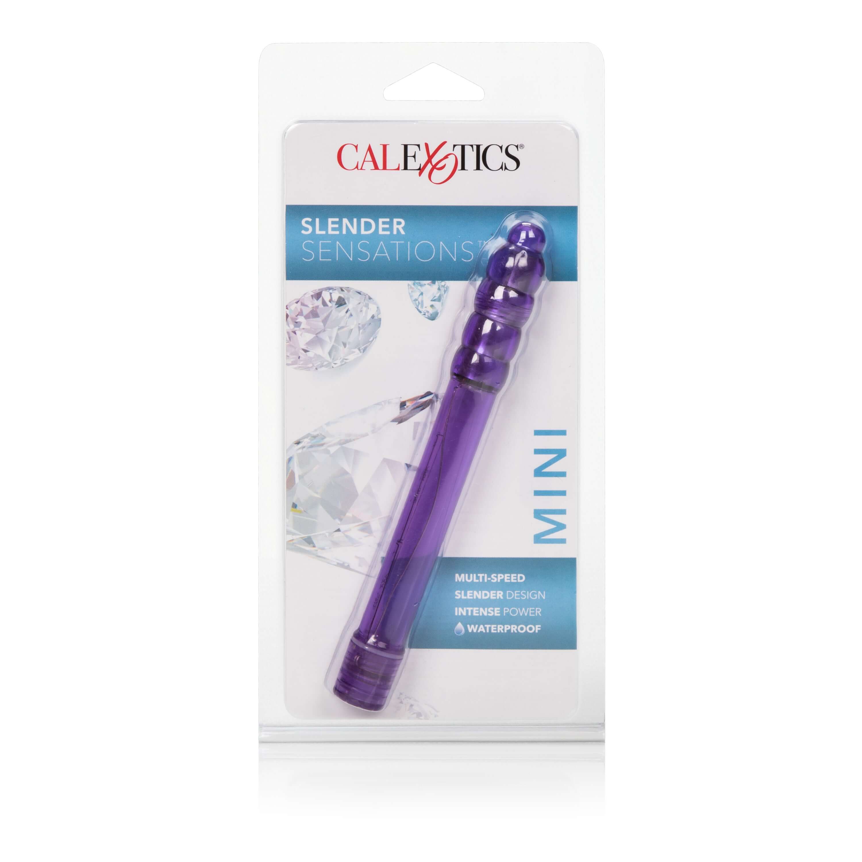 Slender Sensations Mini Vibrator Purple packaged with features like multi-speed and waterproof design for focused stimulation.