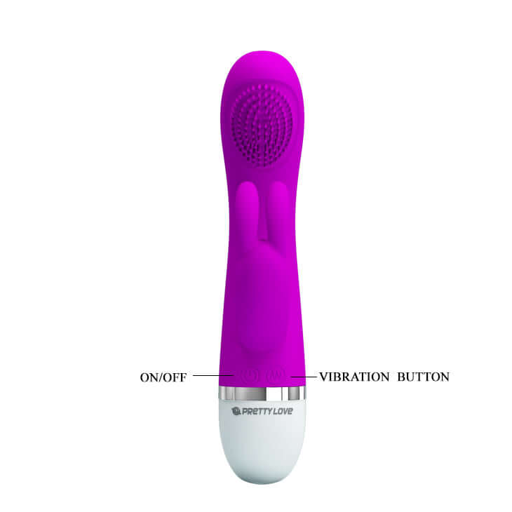 Pretty Love Christ Come Hither Rabbit Vibrator in vibrant purple with controls for on/off and vibration settings.