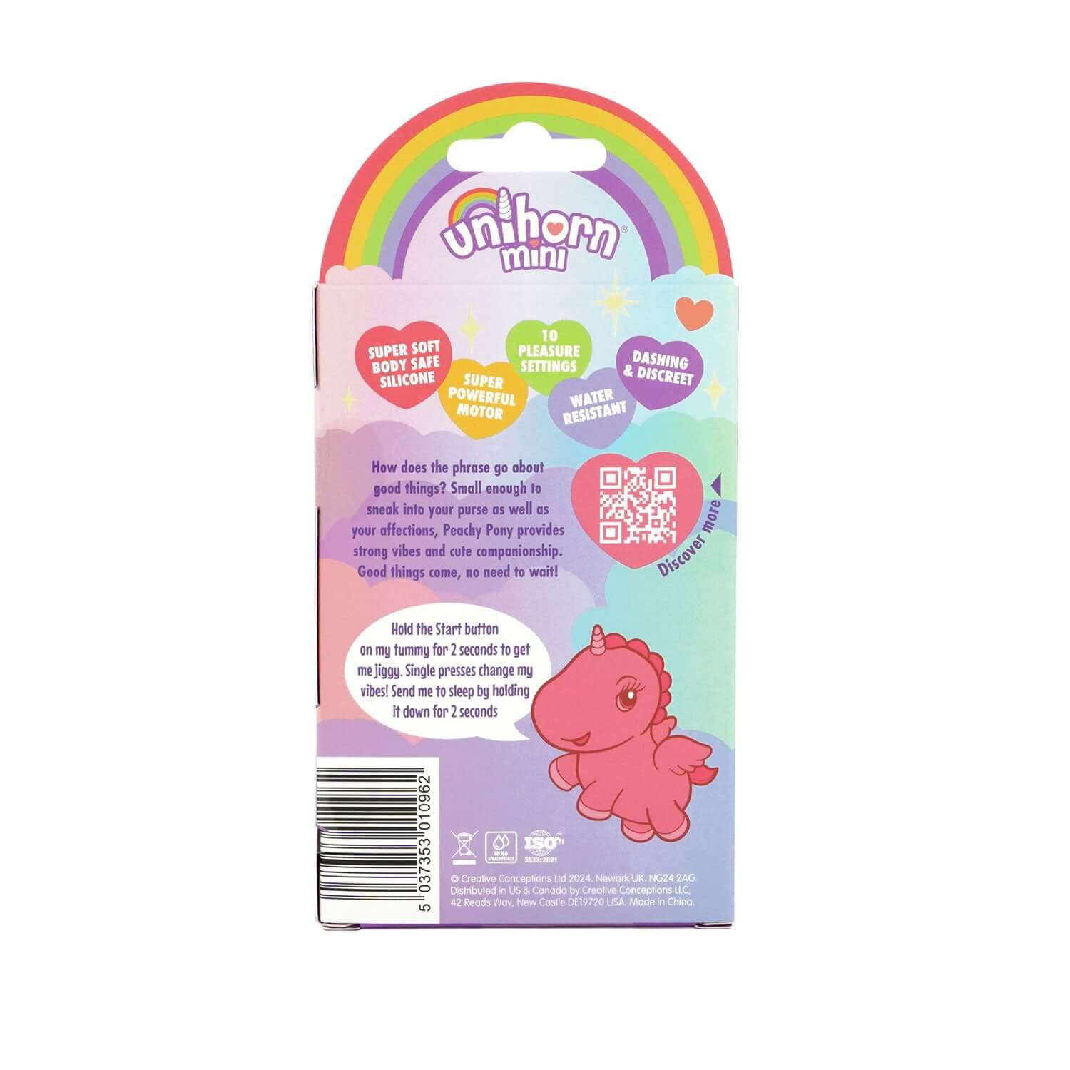 Unihorn Mini Vibrator Peachy Pony packaging with rainbow design and Peachy Pony illustration.
