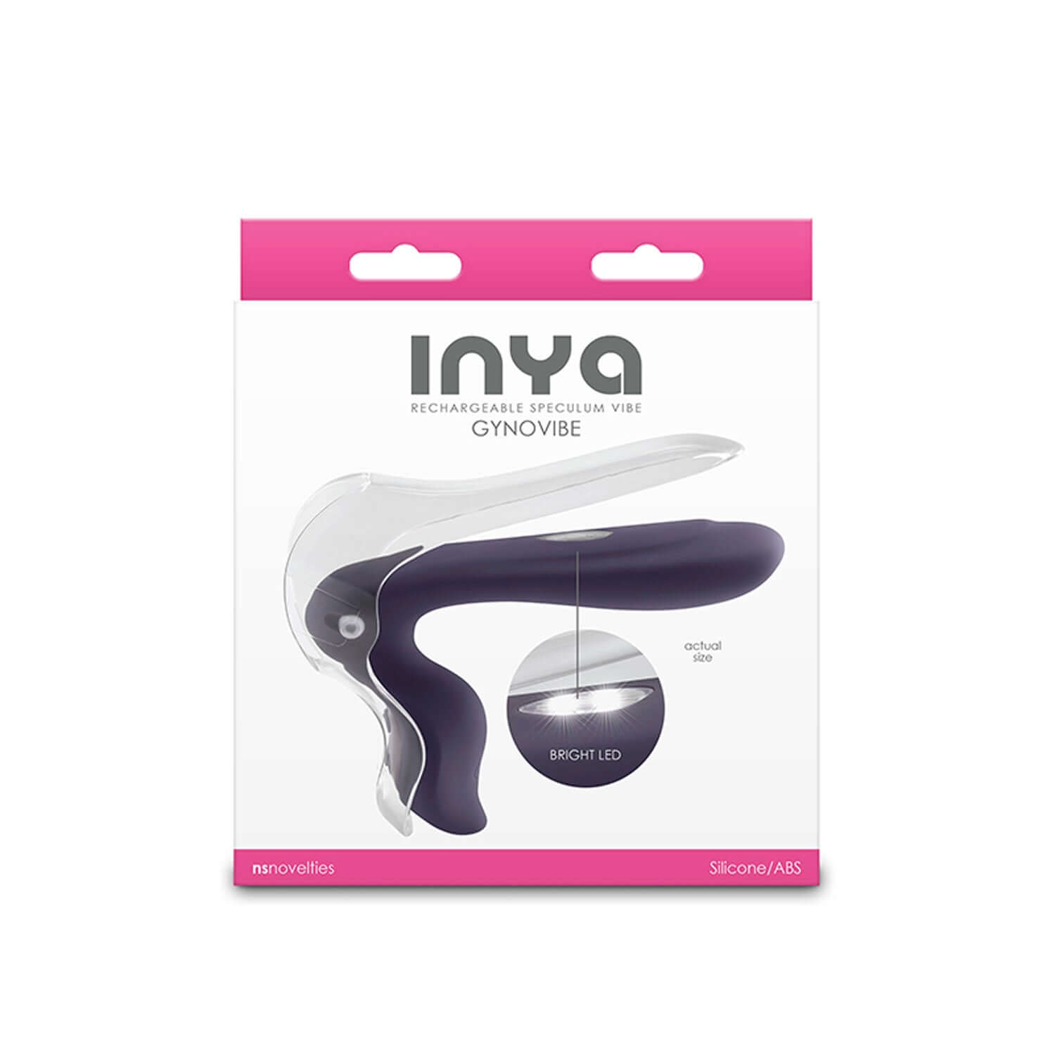 Inya Gyno Vibe gray vibrator in packaging with LED feature highlighted