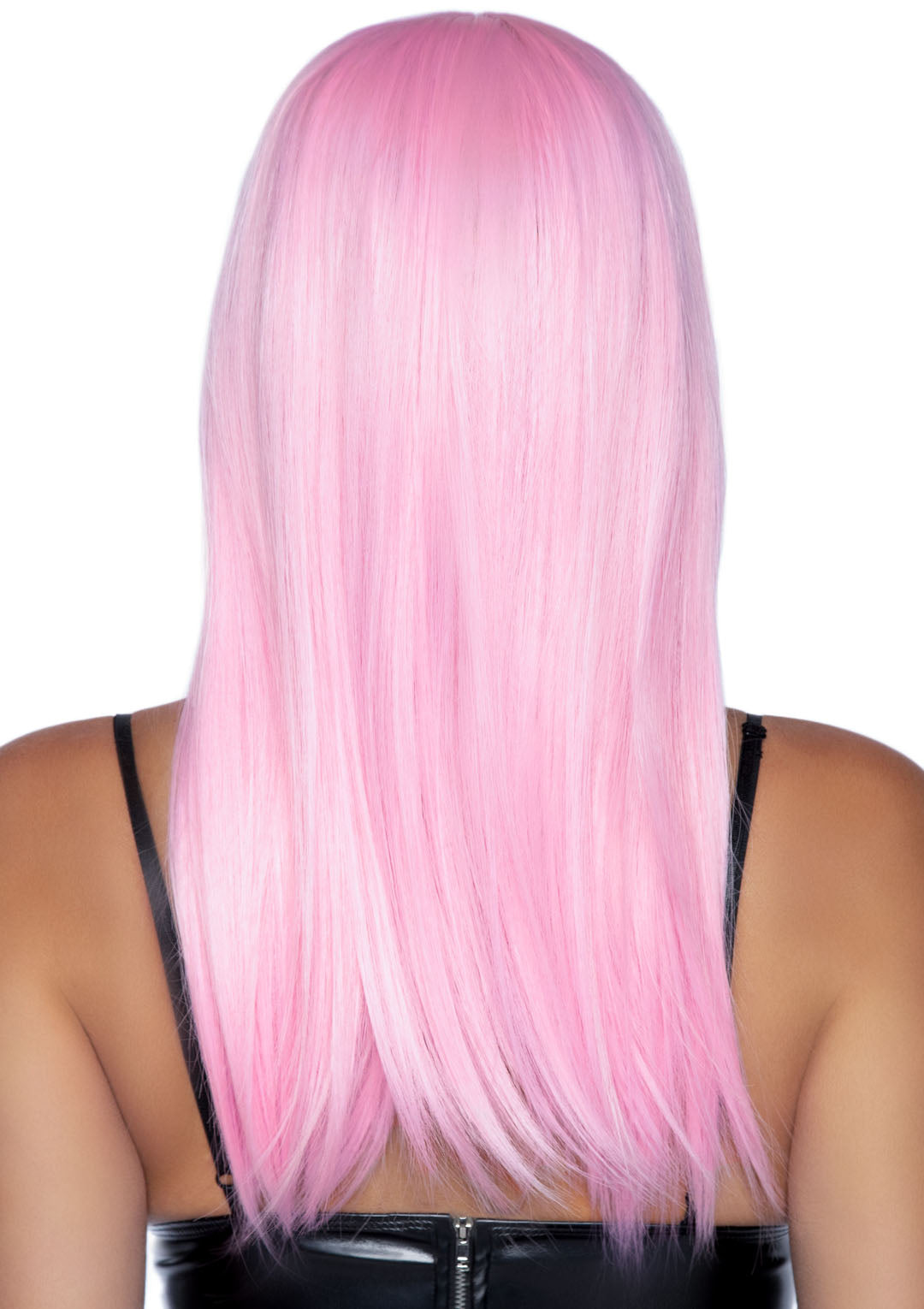 Leg Avenue 24 Inch Long Straight Bang Wig Pink, showing the back view of sleek, pastel pink hair.