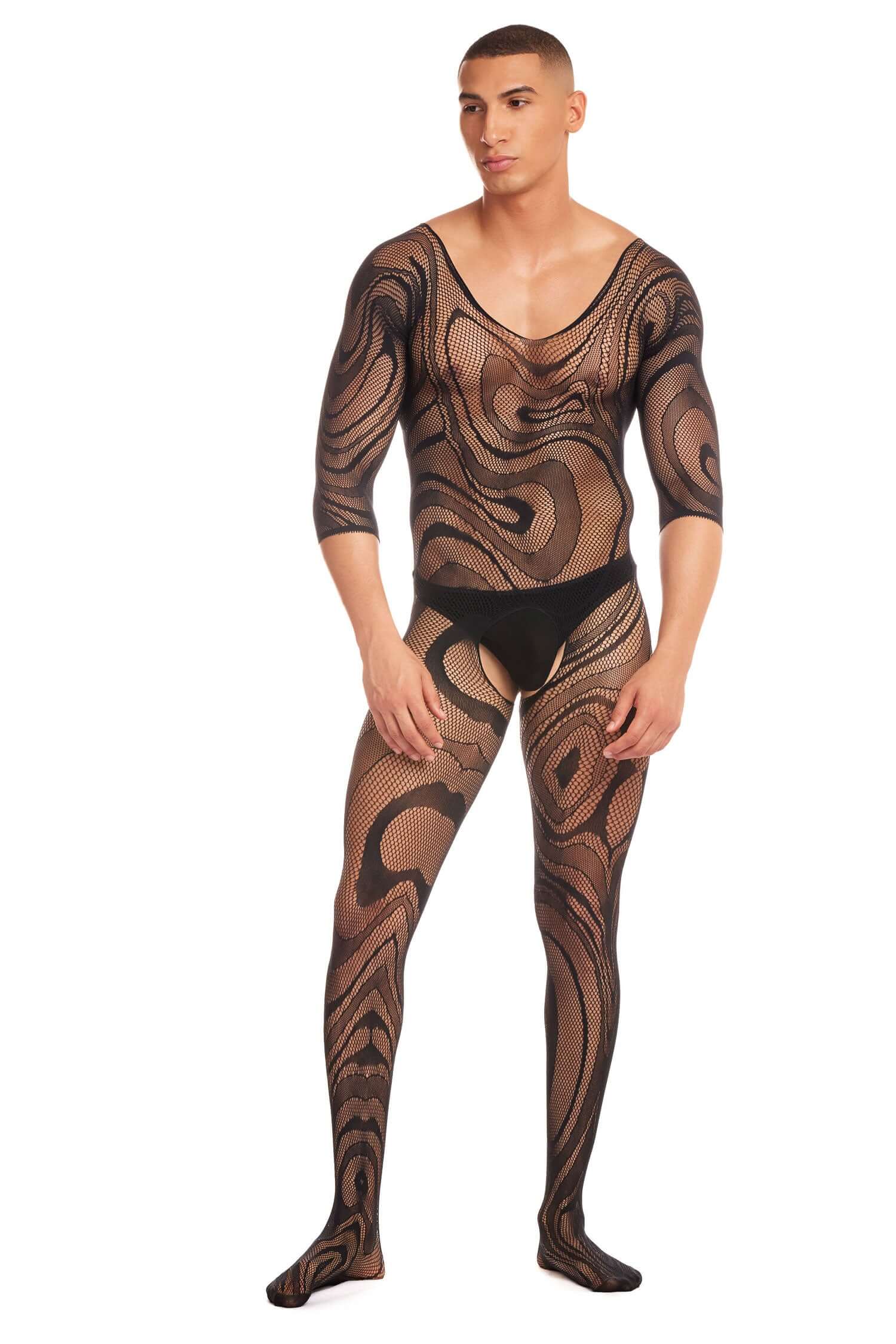 Man wearing Supernova 2pc Set in black, nylon and spandex material, featuring an intricate swirl pattern.