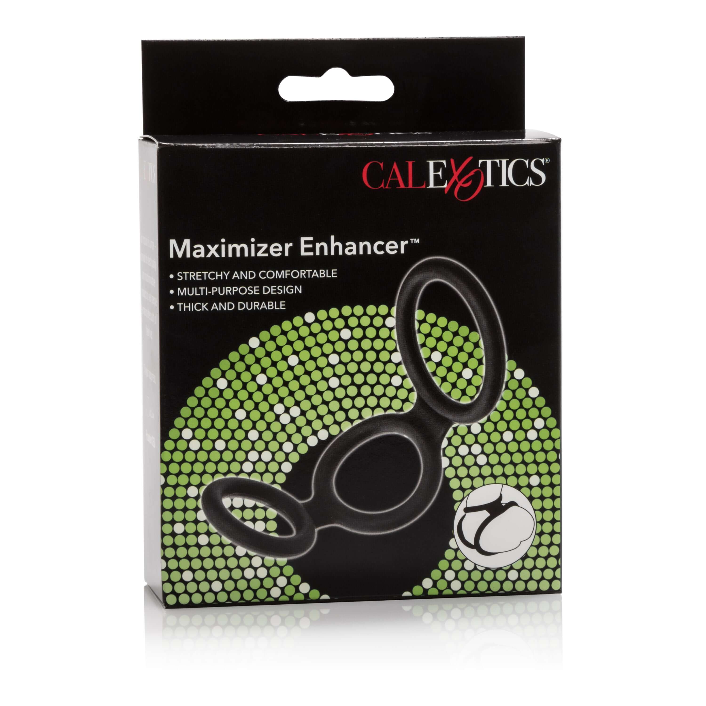 Maximizer Enhancer Silicone Cock Ring Black packaging showcasing stretchable, multi-purpose design in a sleek black color.
