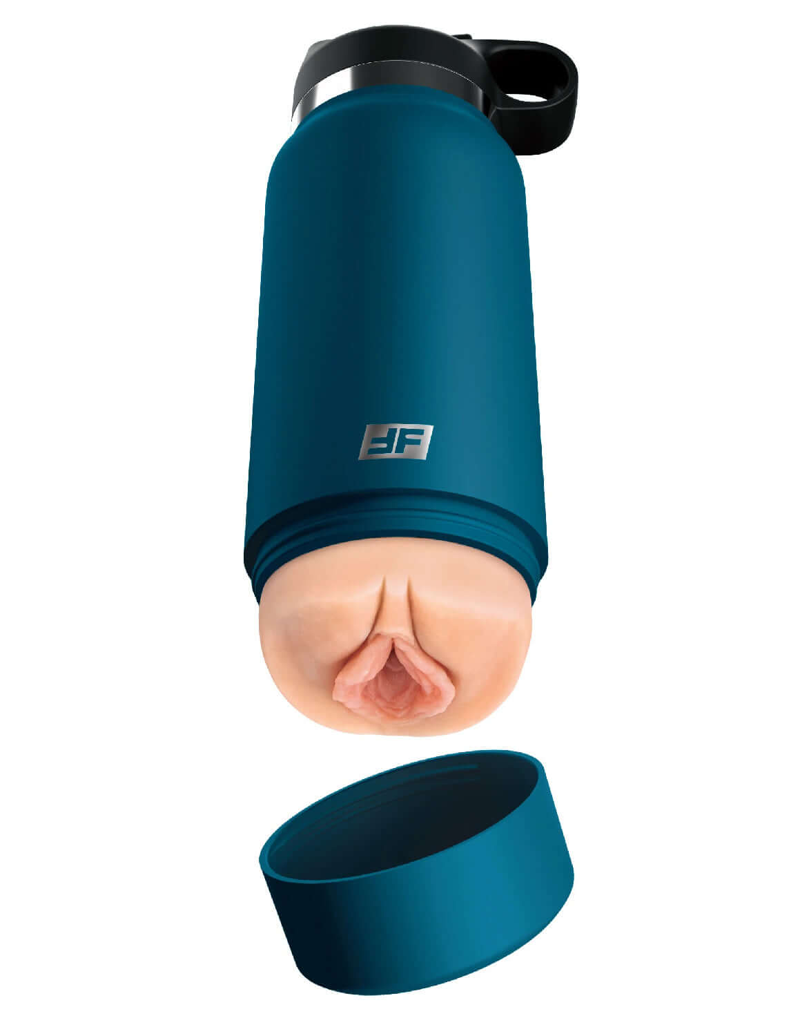 Discreet blue reusable water bottle and stroker combination for private pleasure and on-demand hydration.