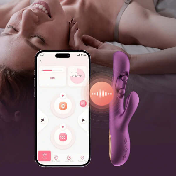 Gem purple rabbit vibrator with app control displayed next to a smiling woman, showcasing pleasure and innovation.