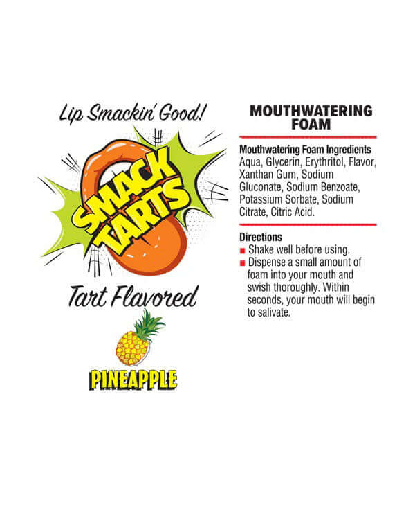 Smack Tarts Mouthwatering Foam Sour Pineapple 2.7 Oz product label highlighting ingredients and directions.