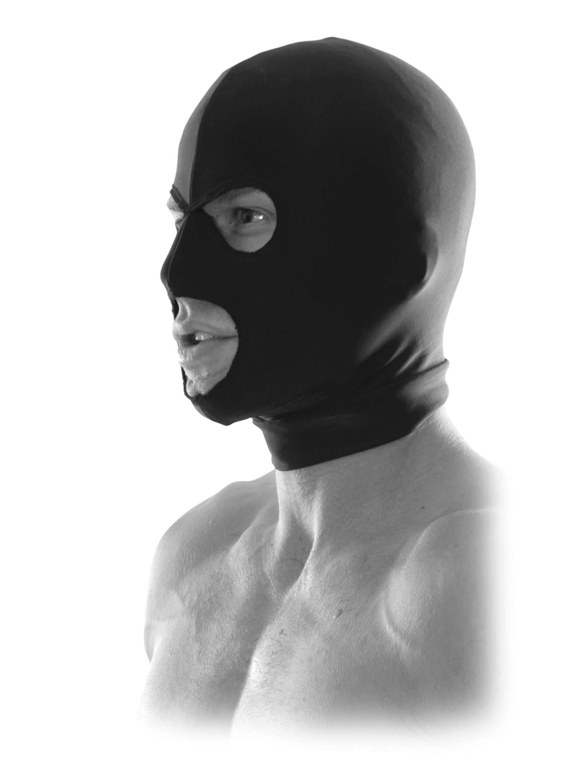 Fetish Fantasy Series Limited Edition Spandex Hood shown on a male model, emphasizing mystery and sensory play.