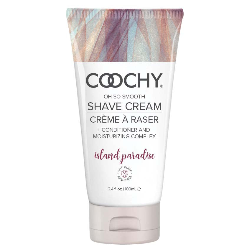 Coochy Shave Cream Island Paradise 3.4 Oz, a luxurious anti-bump shave cream for silky smooth skin.