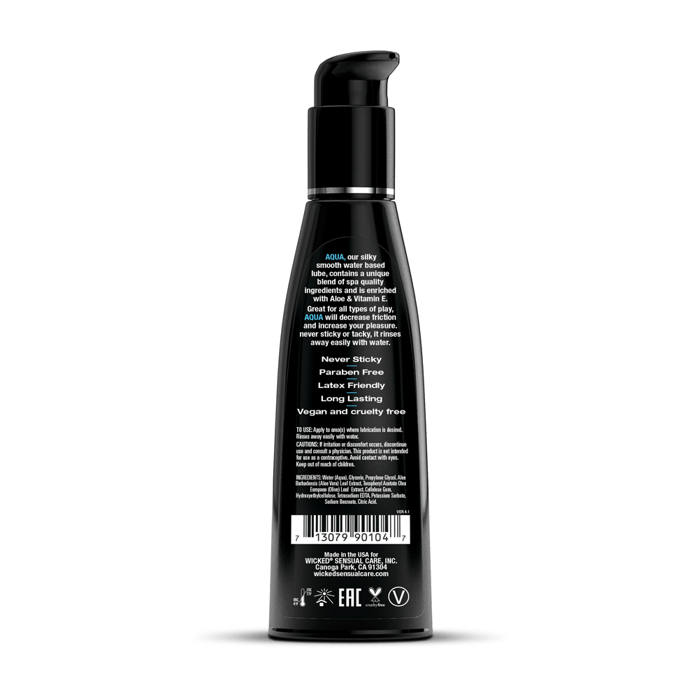 Wicked Aqua Water-Based Lubricant 4 Oz bottle with black label and flip top cap, highlighting its silky and vegan formula.