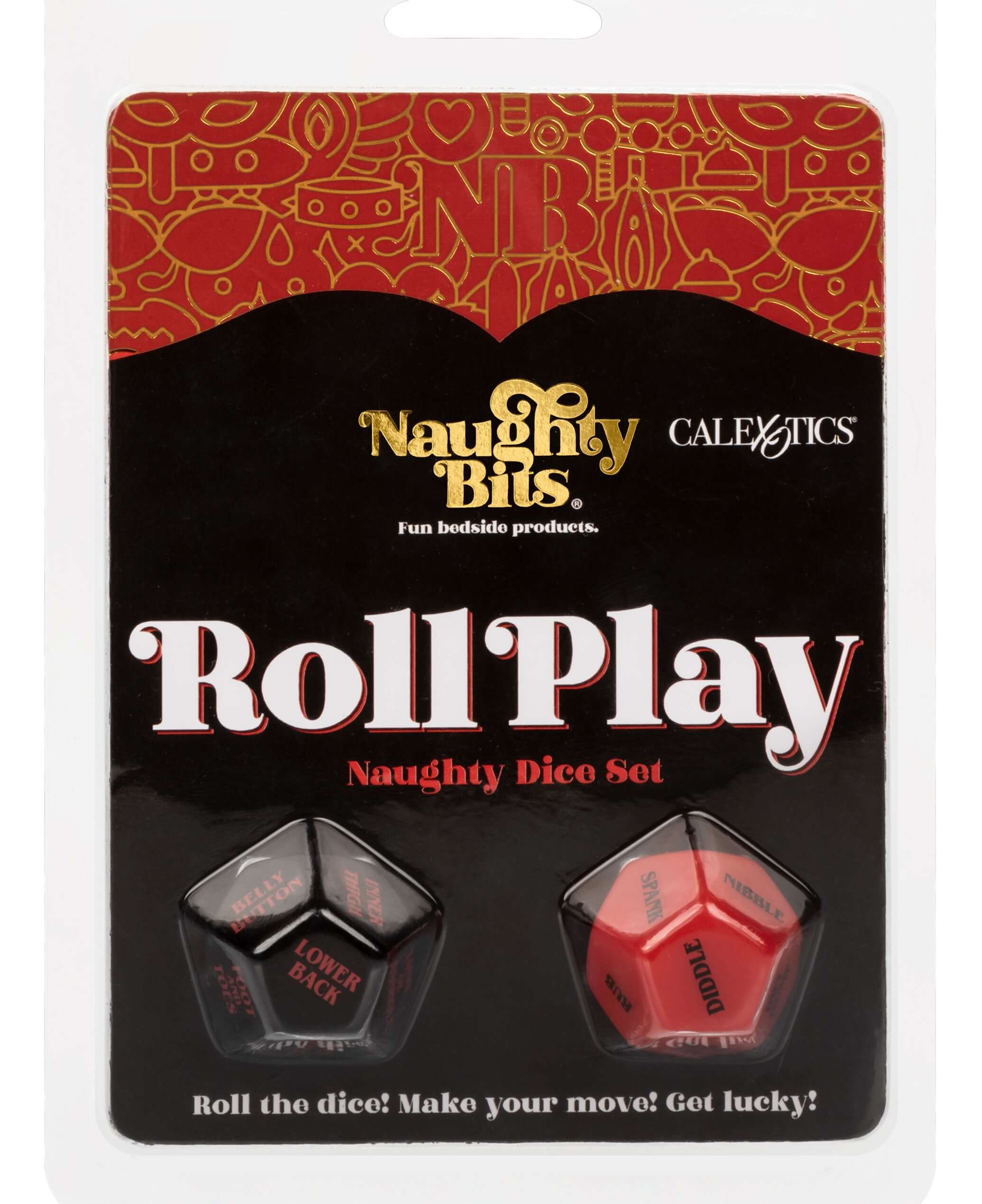 Naughty Bits Roll Play Naughty Dice Set packaging featuring playful dice for couples' intimacy games.