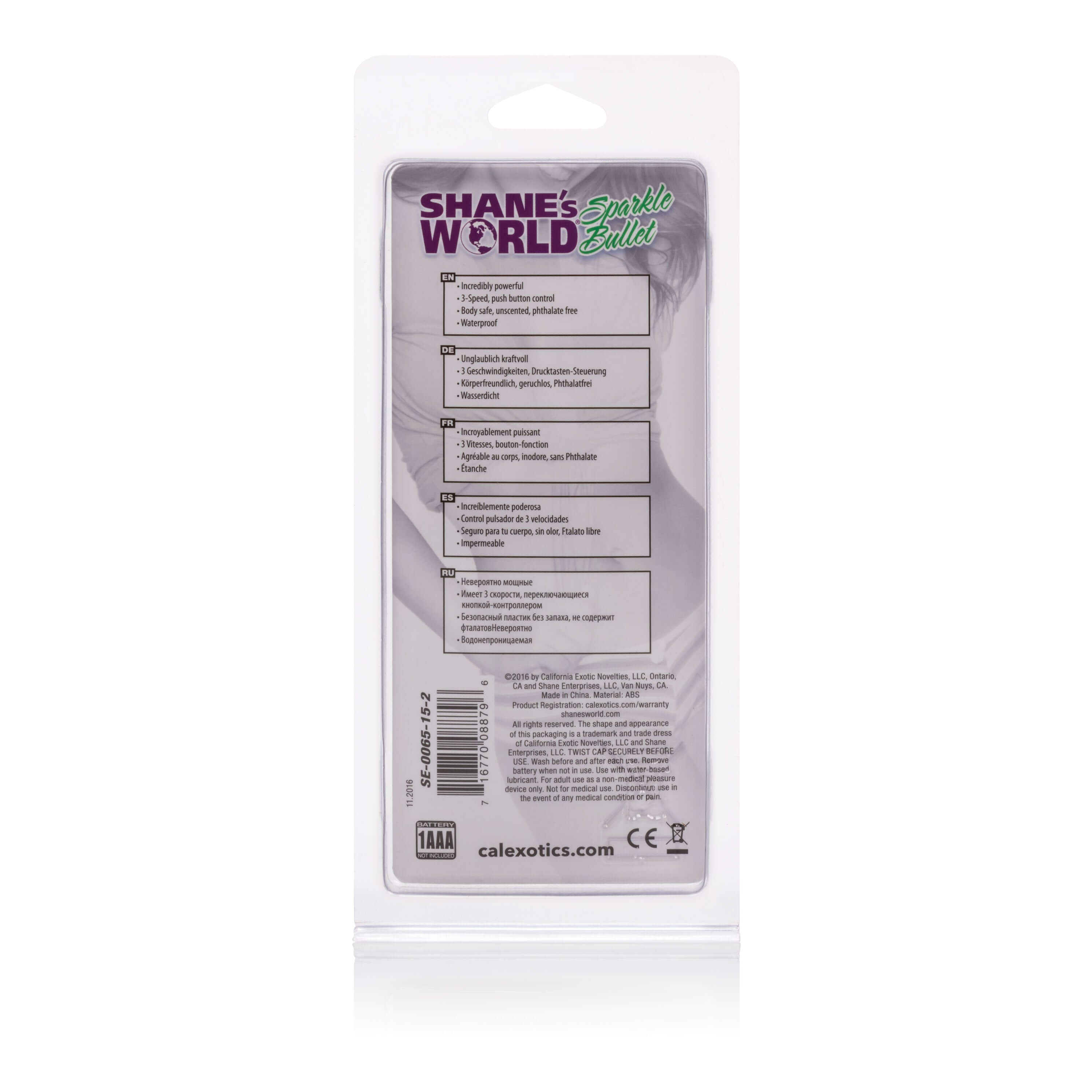 Shanes World Sparkle Bullet Vibrator Purple packaging with product details and features listed on the back.