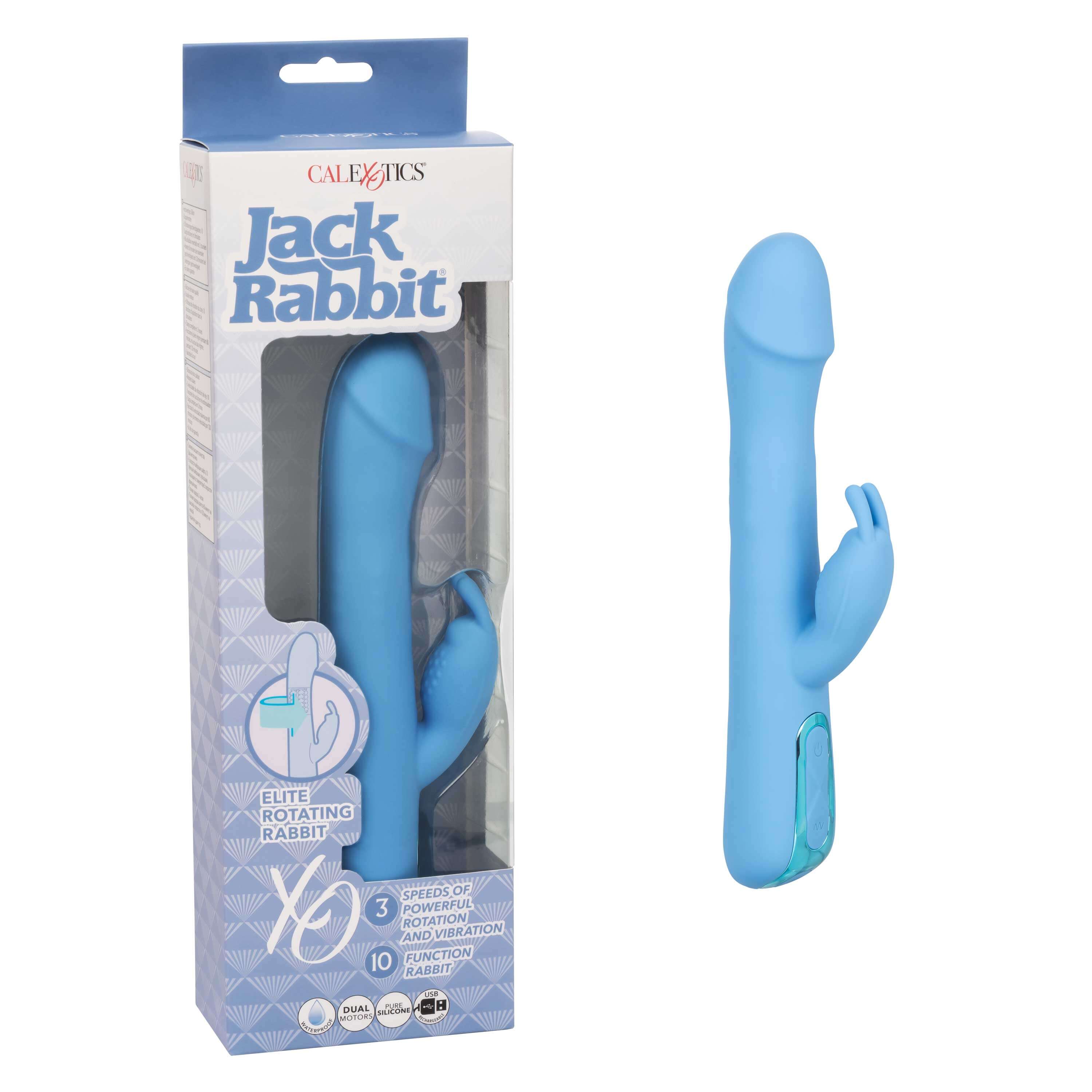 Jack Rabbit Elite Rotating Rabbit Vibrator Blue packaging and product showcasing its design and features.