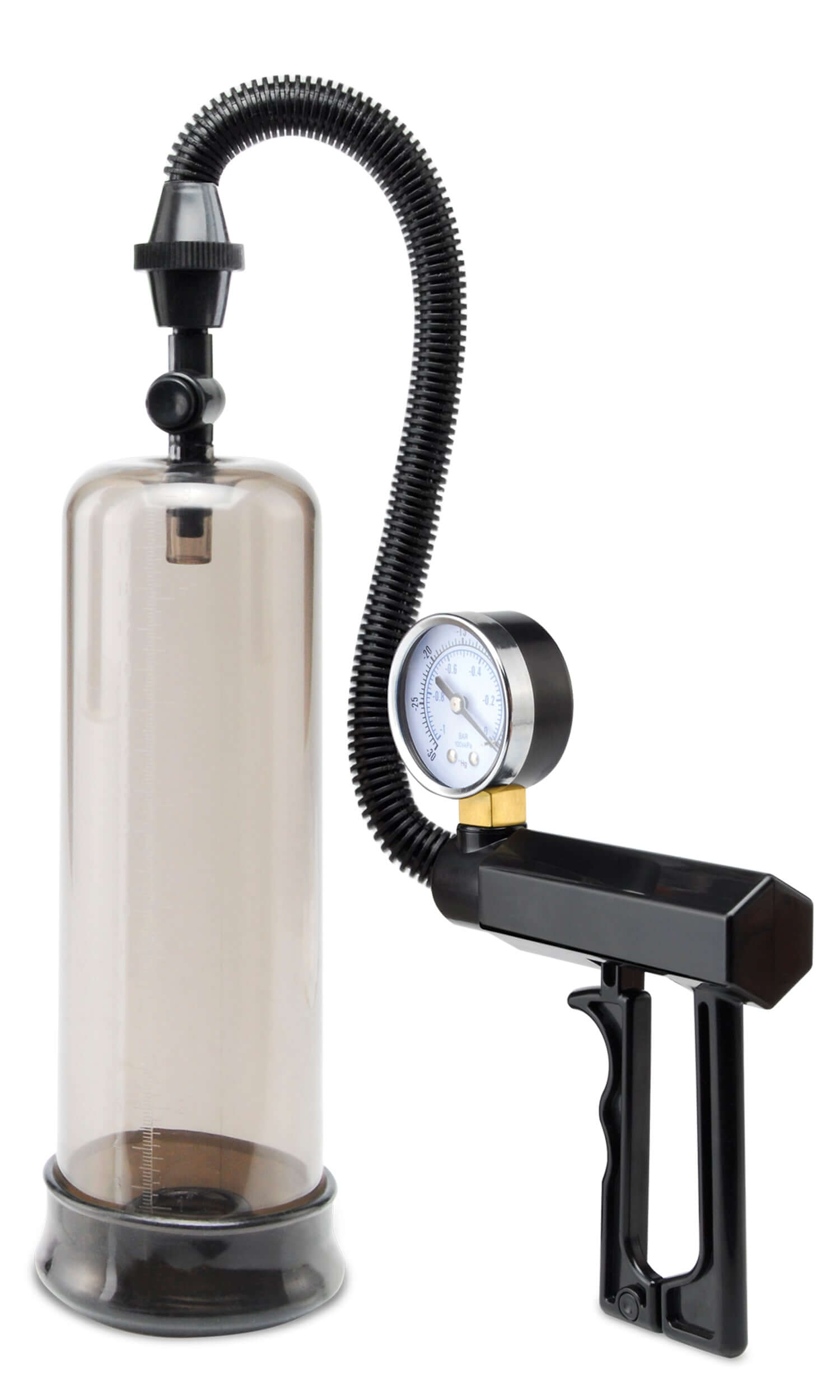 Pump Worx Pistol Grip Power Pump Black with gauge and clear cylinder for enhanced firmness.