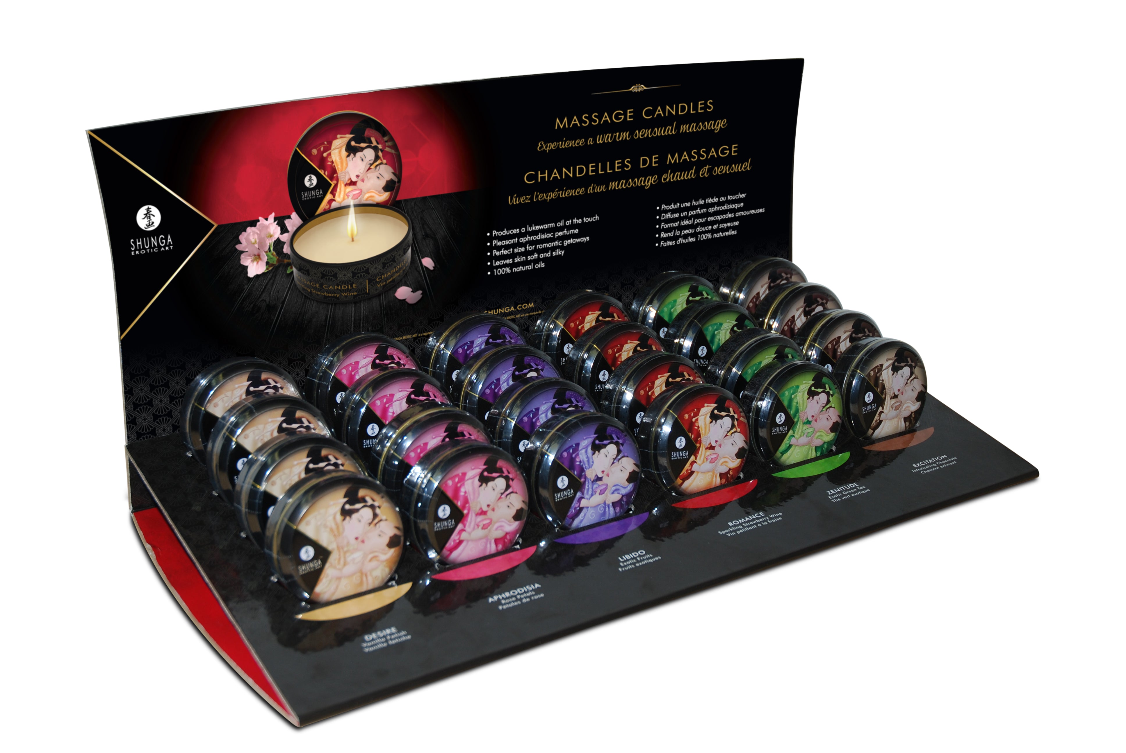Shunga Mini Massage Candle Display 24 Count featuring an assortment of mini massage candles in various scents.
