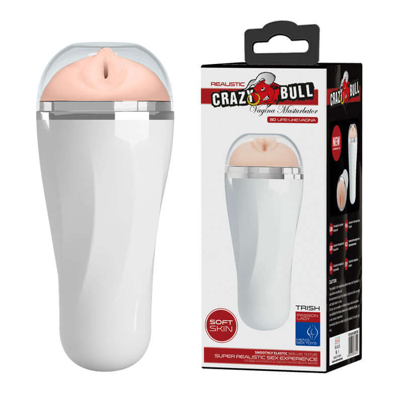 Crazy Bull Trish Masturbator White in a sleek package showcasing soft skin inner sleeve for a realistic experience.