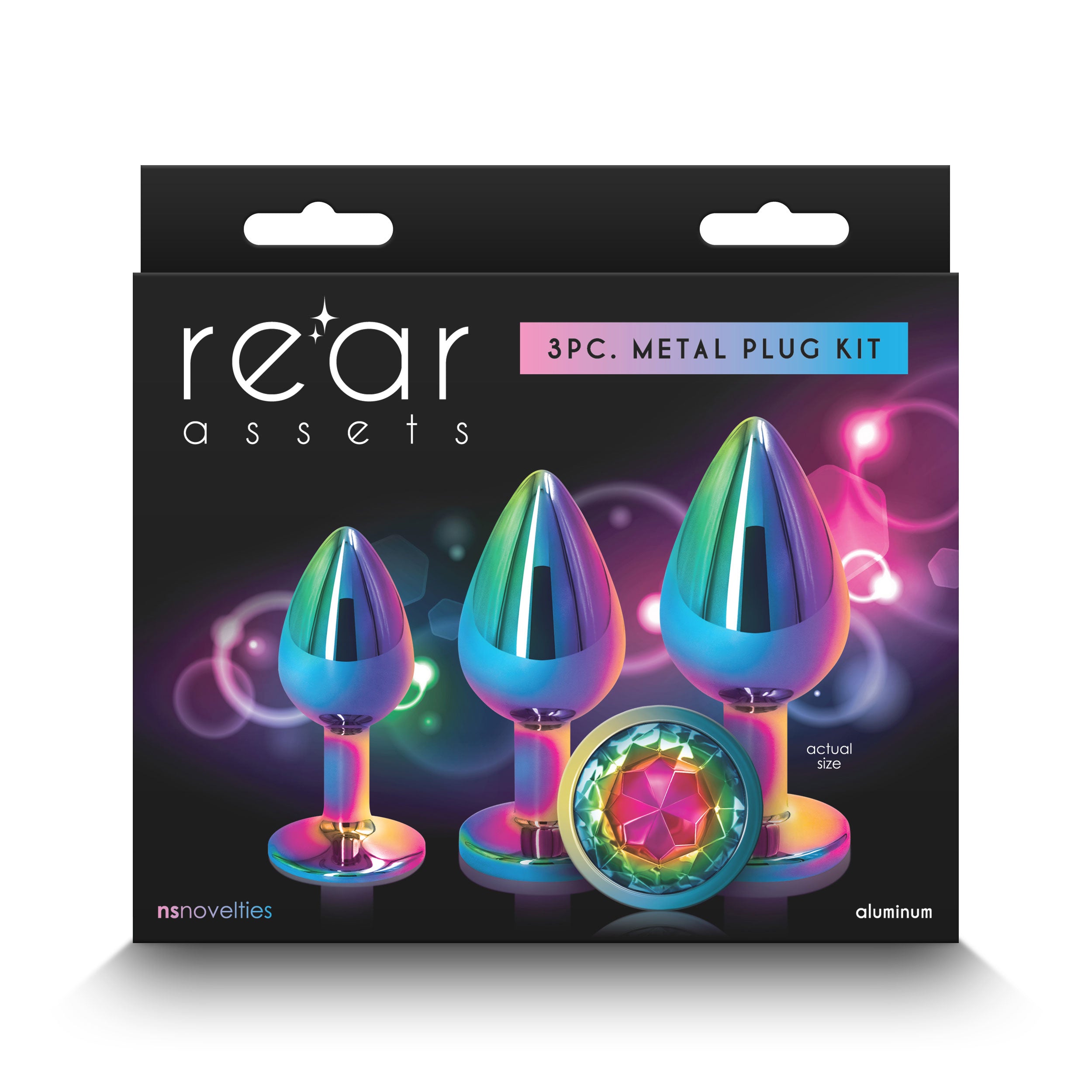 Rear Assets Trainer Kit Multicolor Rainbow | 3-piece metal plug kit with chrome-plated plugs for gradual exploration.