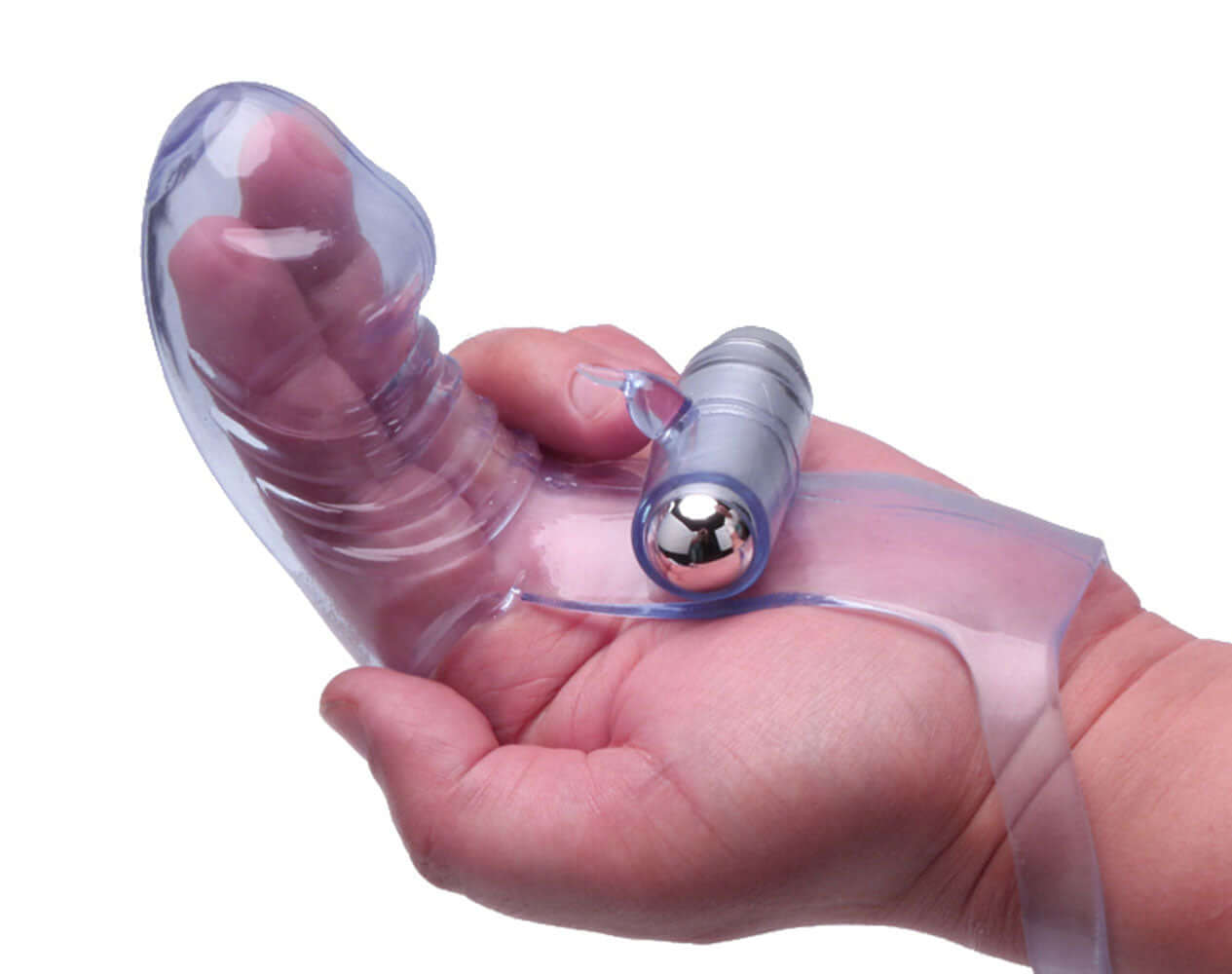 Vibro Finger Wearable Stimulator Purple shown on a hand, designed for dual-finger penetration and clitoral stimulation.