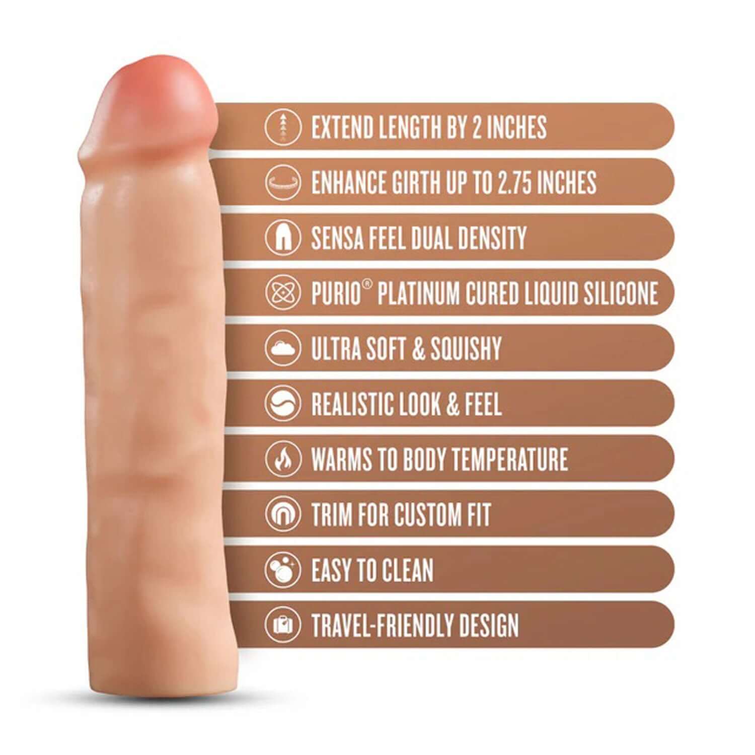 Performance Plus 2 Inch Silicone Penis Extender features and benefits list.