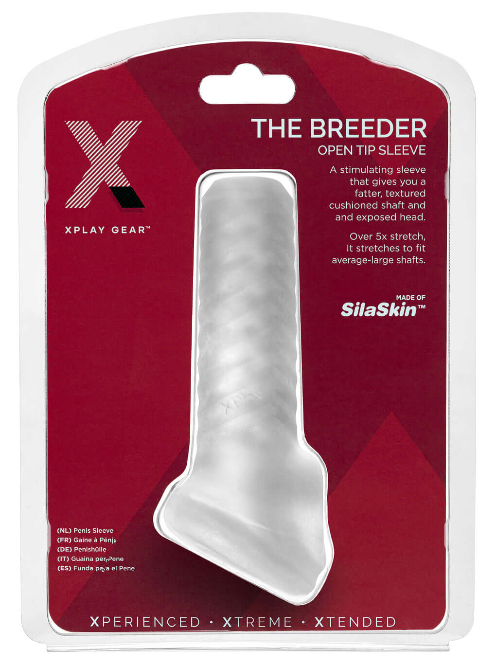 Xplay The Breeder Penis Sleeve Clear packaging displaying the stimulating enhancement sleeve with open tip design.