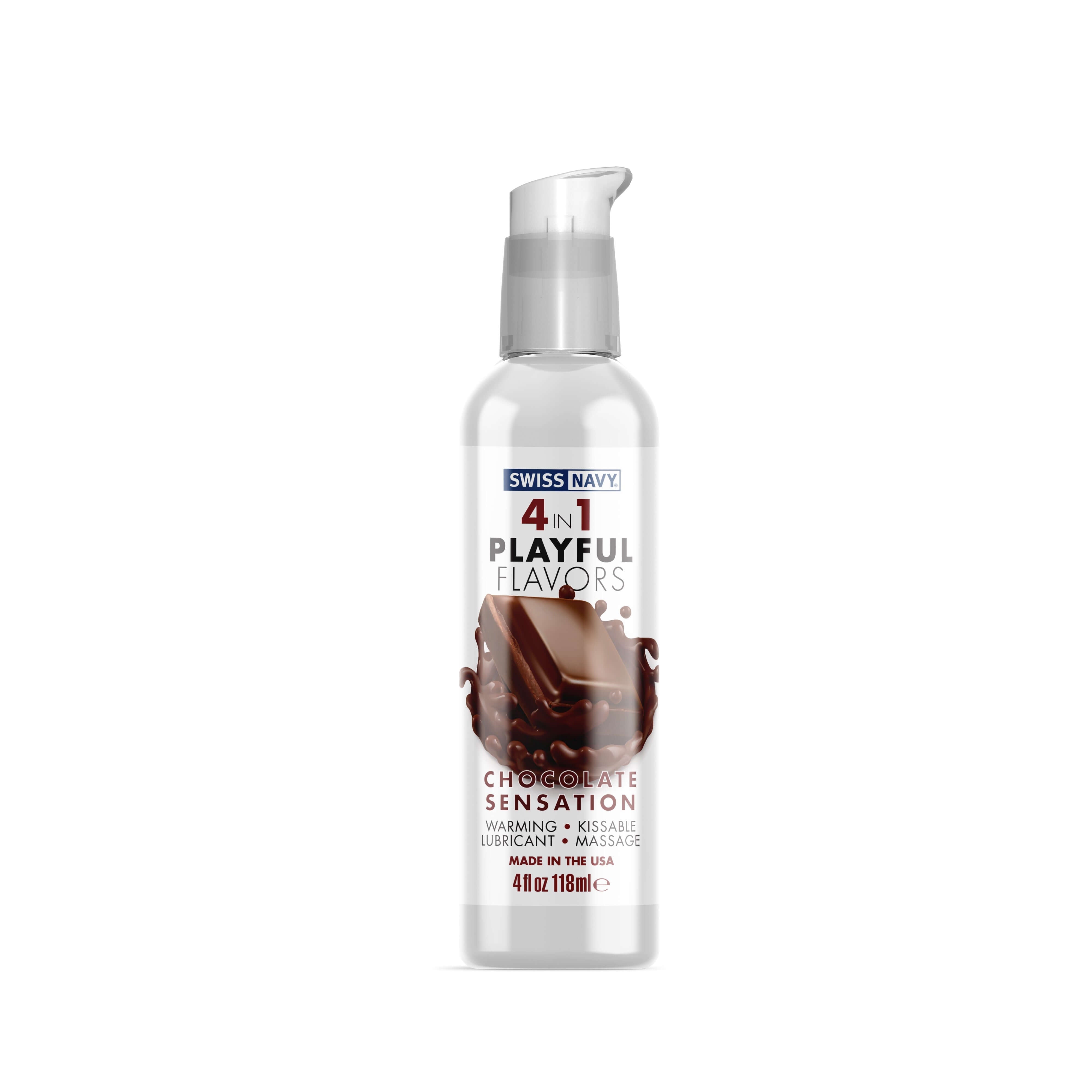 Swiss Navy 4-in-1 Playful Flavors Chocolate Sensation 4 Oz bottle for enhancing intimacy with a decadent chocolate flavor.