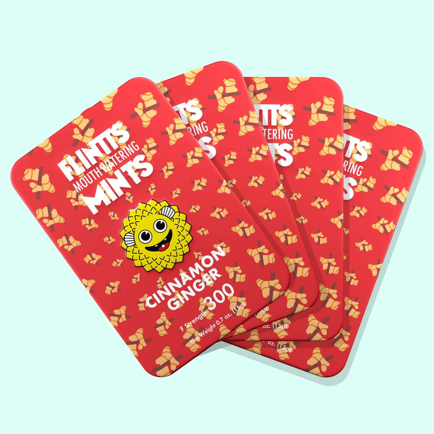 Flintts Mouth Watering Mints Cinnamon Ginger F-Strength 300 packaging featuring vibrant red design.