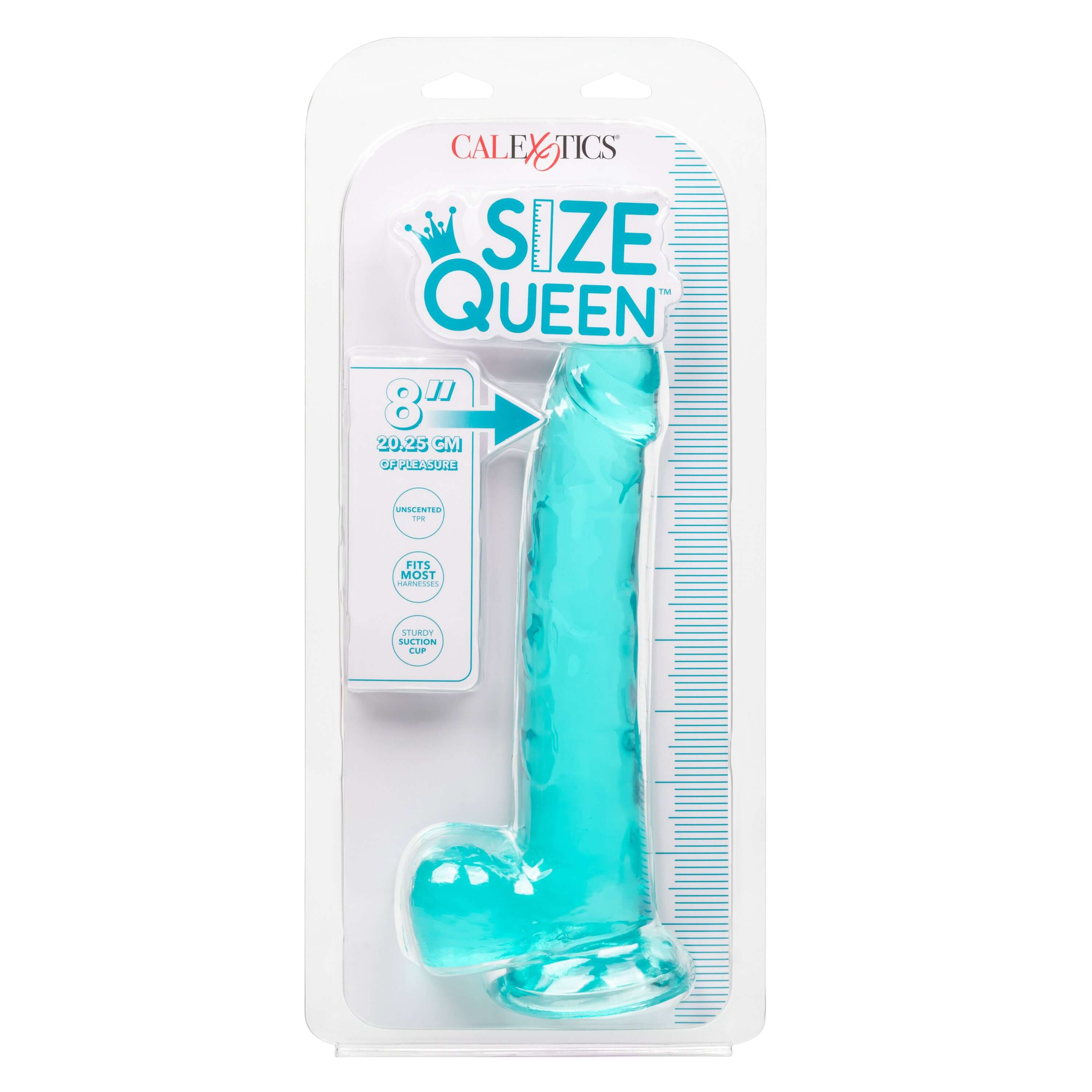 Size Queen Dildo 8 Inches Blue in packaging, showcasing realistic design and size for pleasure seekers.