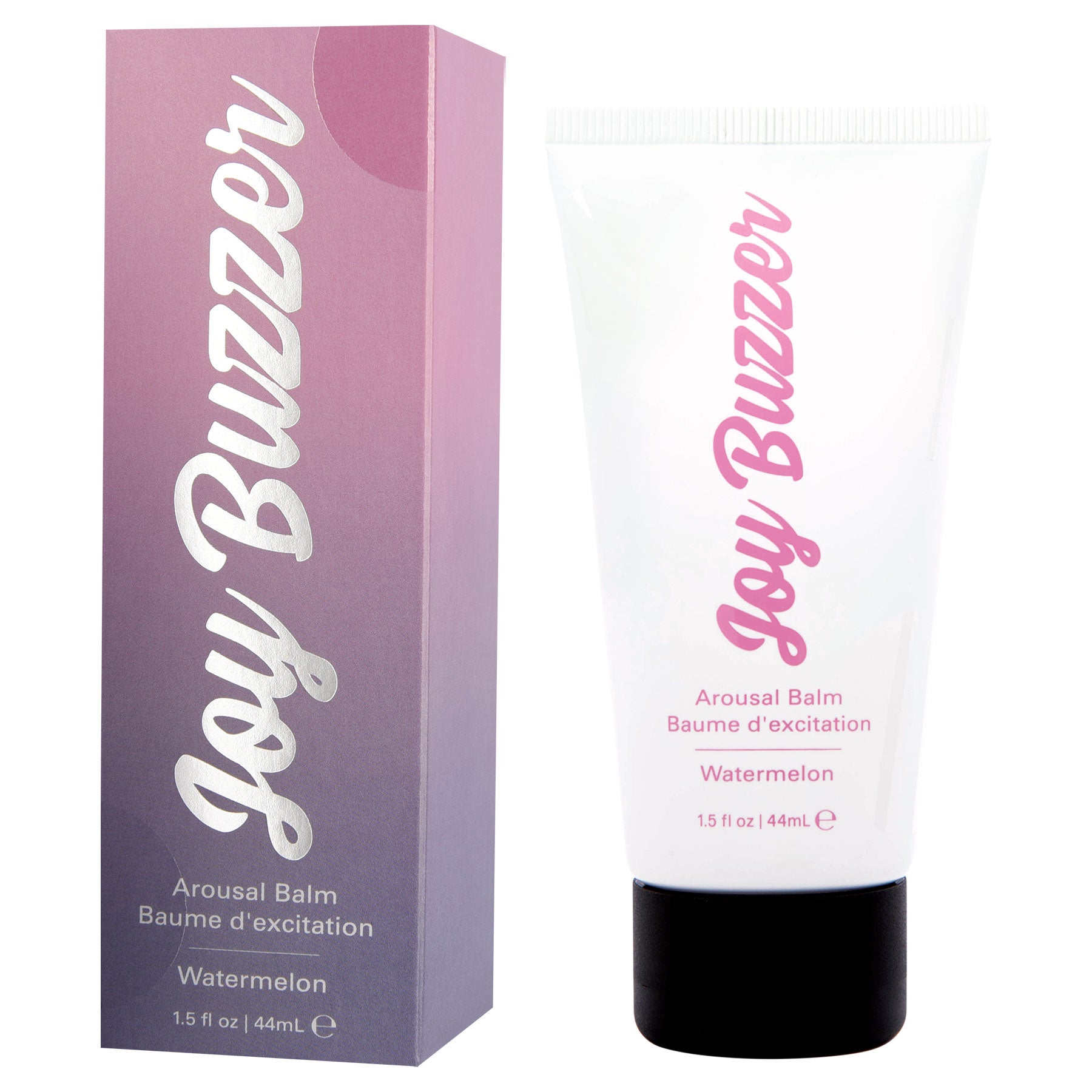 Joy Buzzer Arousal Balm Watermelon 1.5 Oz with packaging and tube showcasing refreshing aroma.