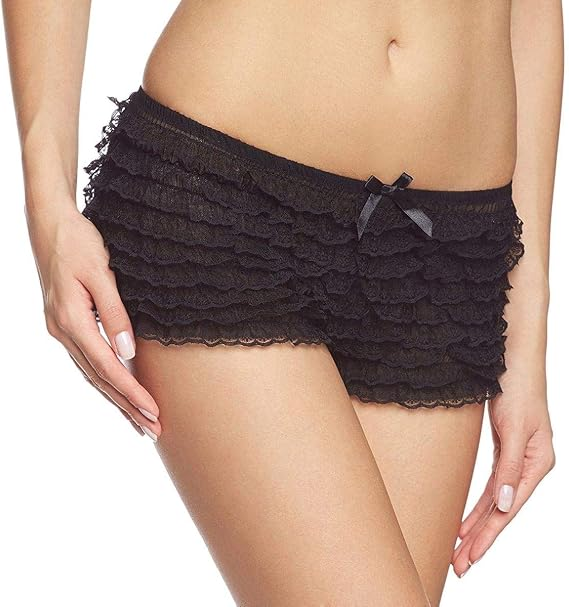 Leg Avenue Lace Ruffle Tanga Shorts One Size Black featuring delicate lace and playful ruffles for a flirty look.