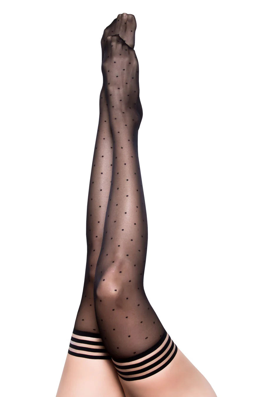 Ally Polka Dot Thigh High Size B Black, sheer thigh highs with polka dots and black striped band.