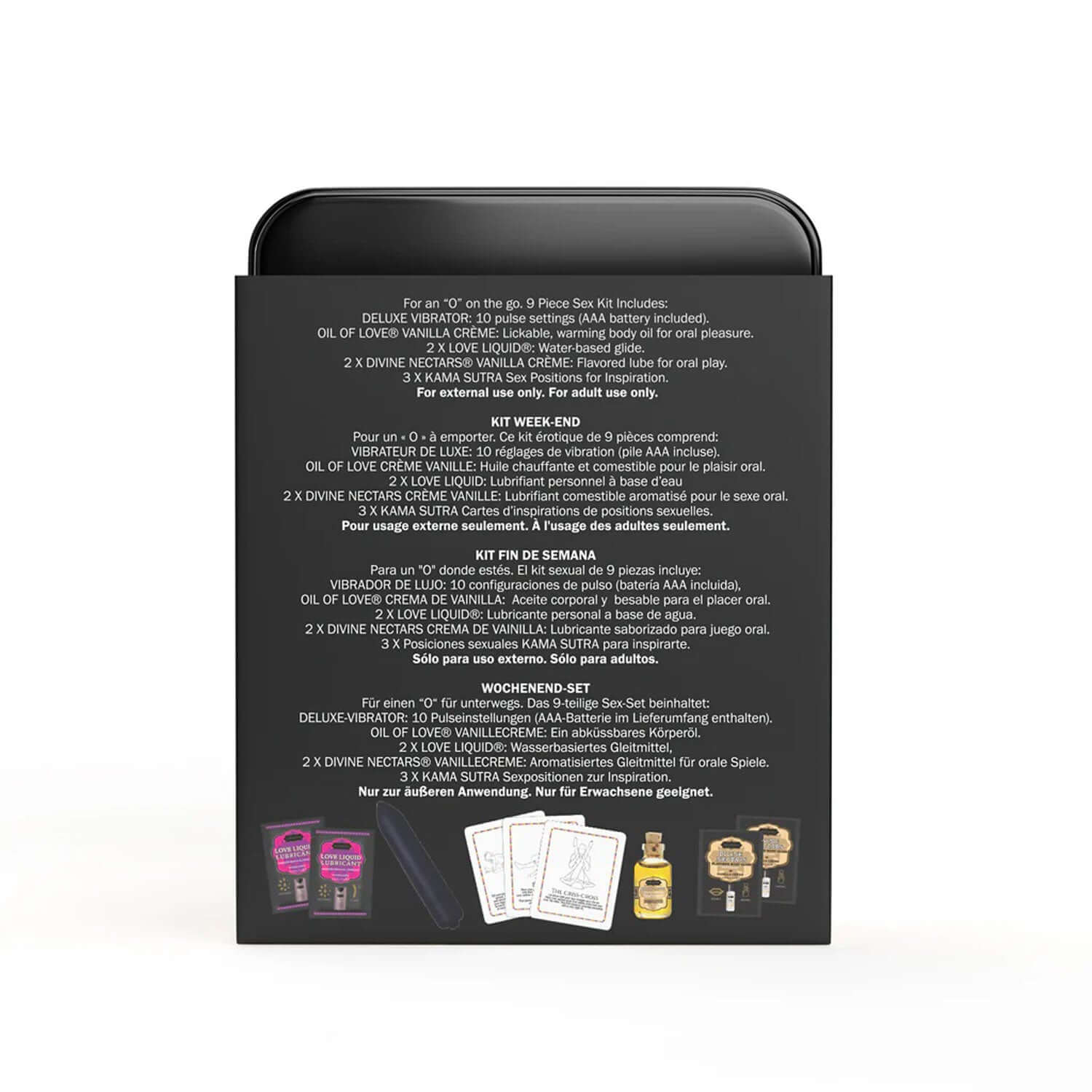 Kama Sutra Weekender Kit Vibe Vanilla packaging with product details in multiple languages, showcasing included items and features.