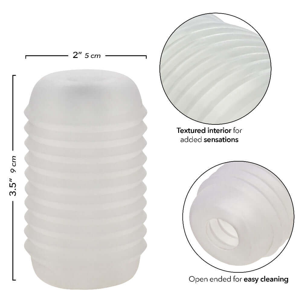 Ribbed Pop Sock Masturbation Sleeve - clear with textured interior and open end for easy cleaning, dimensions 3.5" x 2".