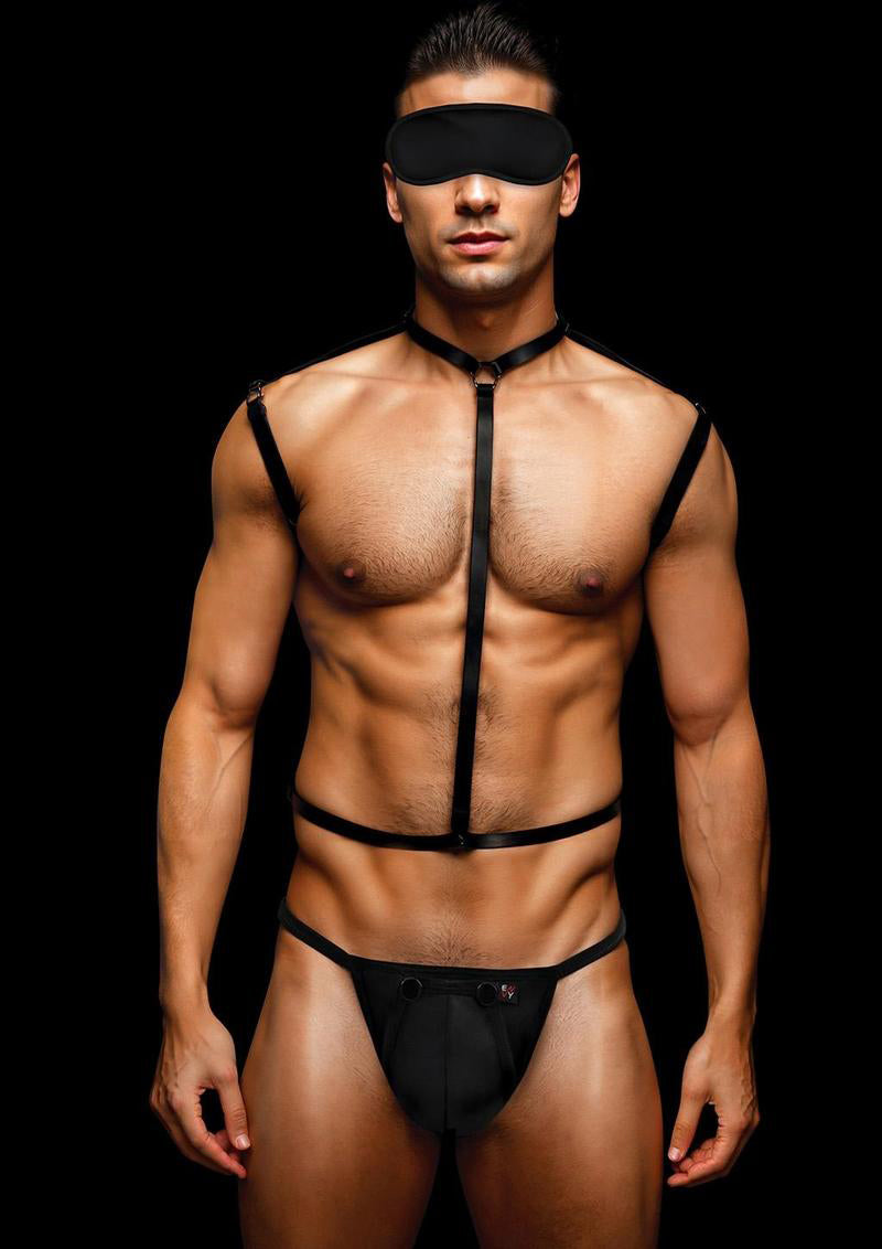 Envy 3 Pc Wet Look Chest Harness M L Black worn by a model, featuring a sleek design with a matching eye mask and jockstrap.