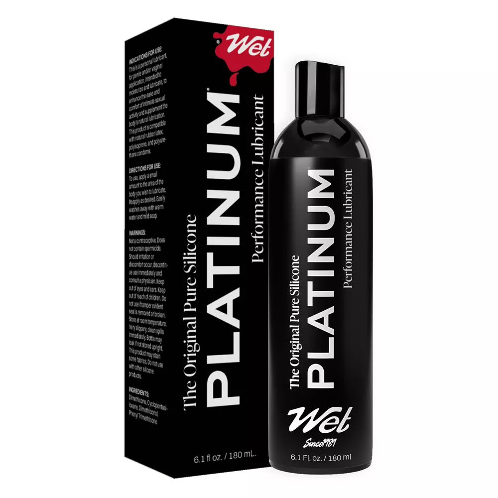 Wet Platinum Luxury Silicone Lubricant 6.1 Oz bottle and packaging designed for smooth and long-lasting performance.