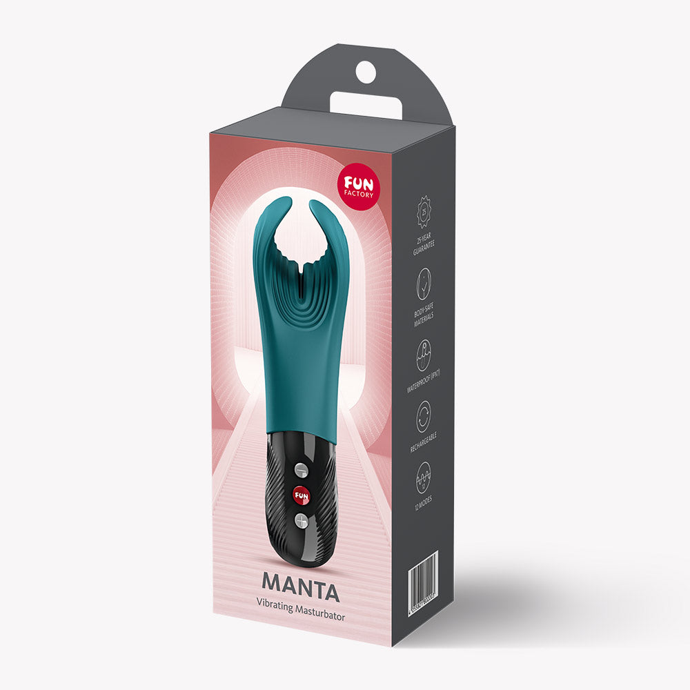 Fun Factory Manta Vibrating Masturbator Green packaging showing innovative design and features for male pleasure.