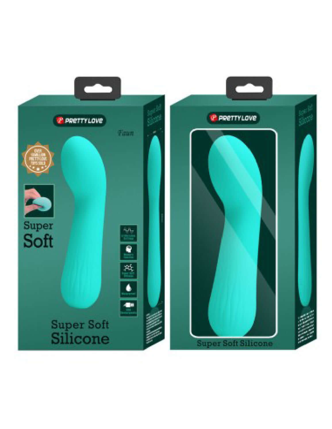 Faun Rechargeable Vibrator Turquoise packaging showcasing super soft silicone and sensual contours