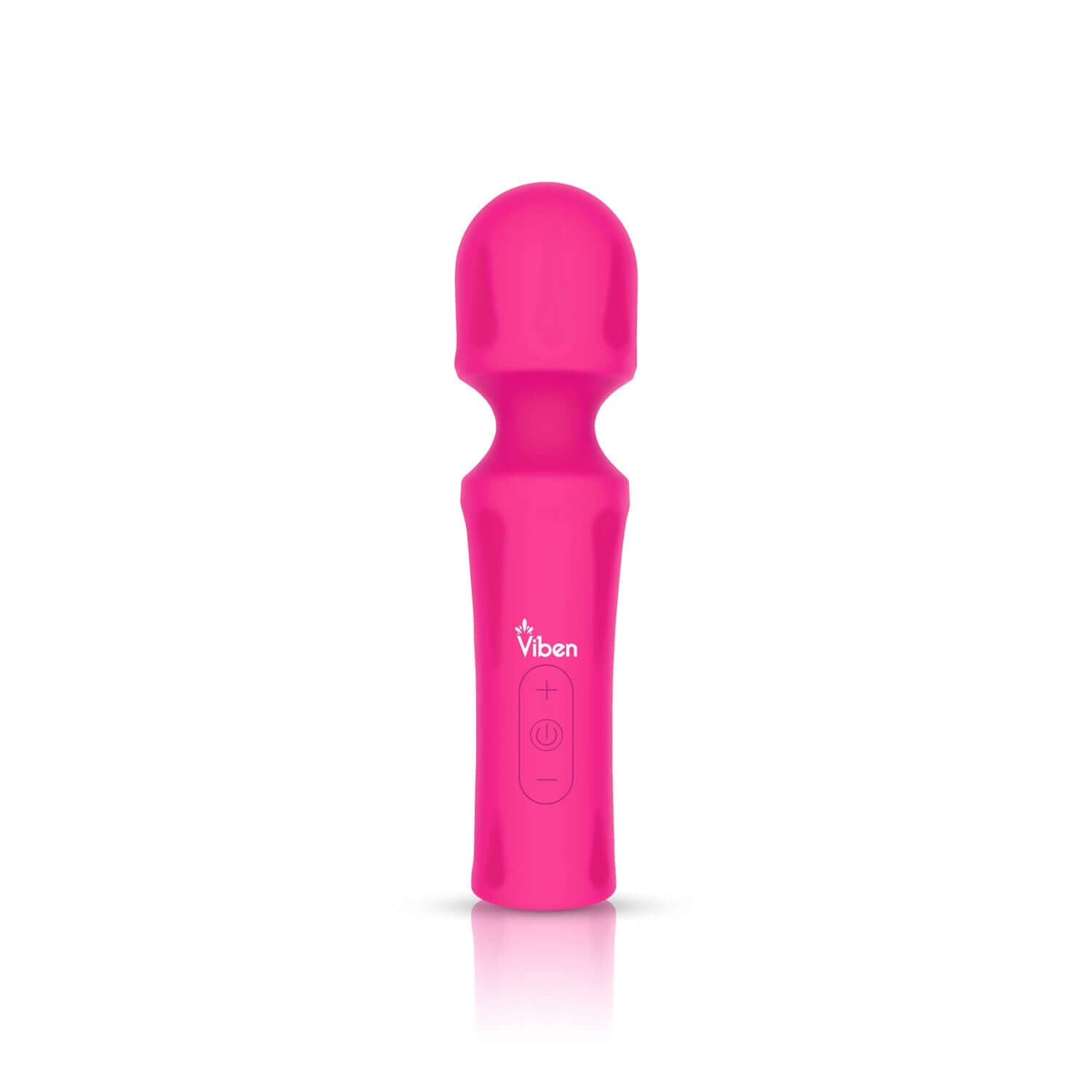 Hot pink Mighty Muse personal wand massager with ergonomic handle and flexible head, featuring push button control and USB rechargeable system.
