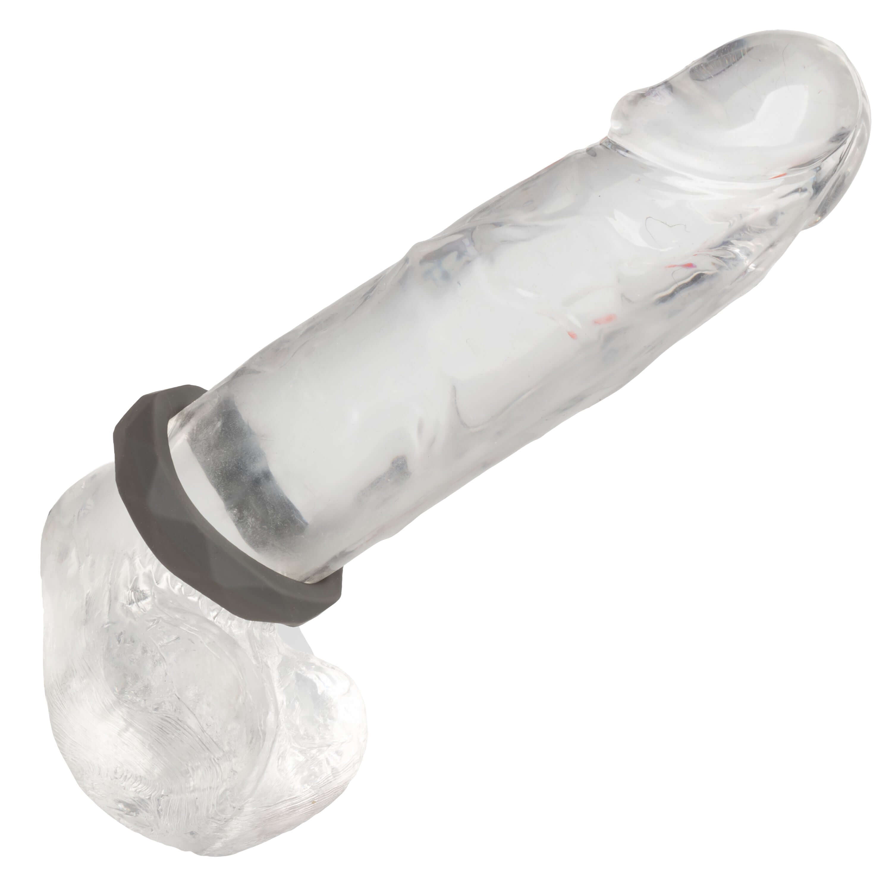 Alpha Liquid Silicone Prolong Prismatic Ring Gray on a clear silicone model for enhanced performance during intimate moments.