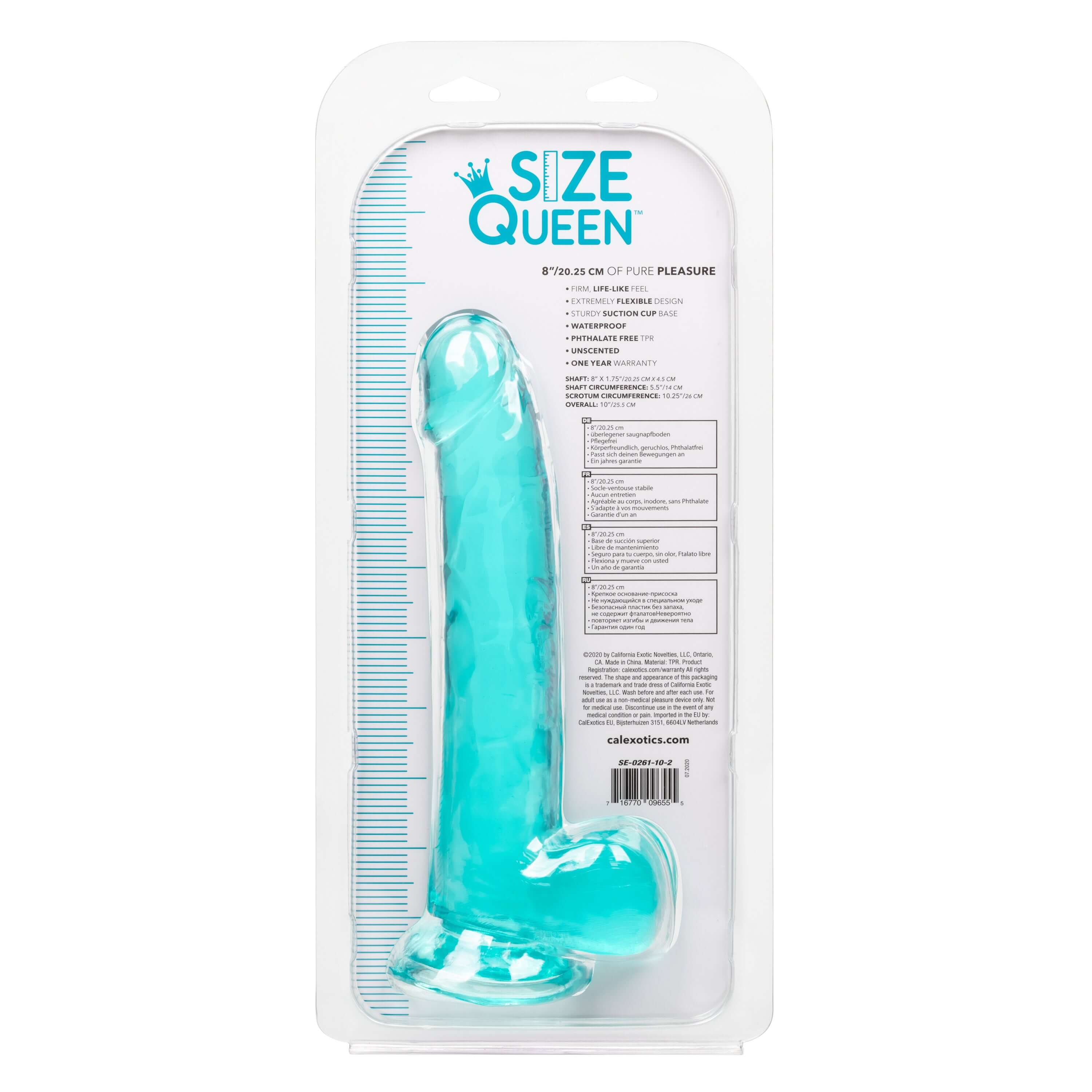 Size Queen Dildo 8 Inches Blue in packaging showing measurement and design details.