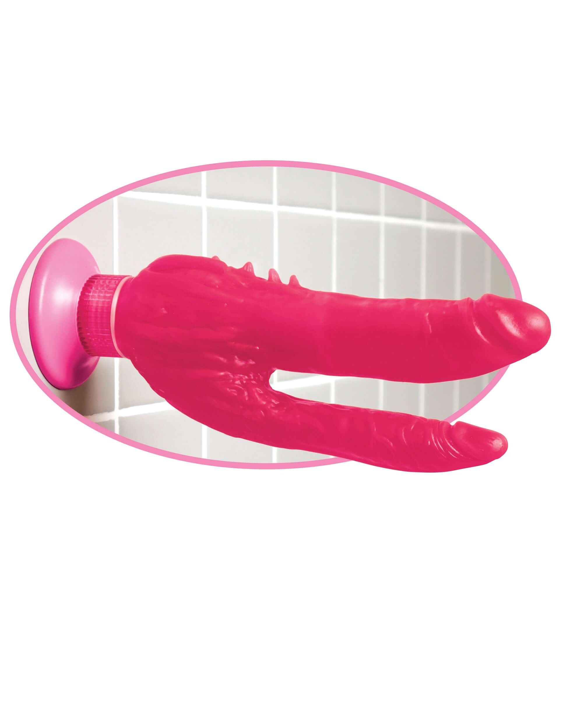 Wall Bangers Double Penetrator Vibrator mounted on a wall, designed for intense hands-free stimulation.