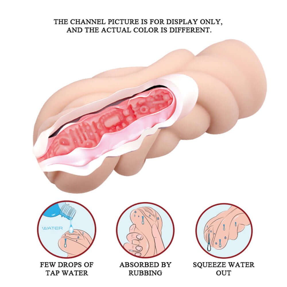 Crazy Bull Realistic Anime 3D Vagina Masturbator Light showing internal design and usage instructions for optimal experience.