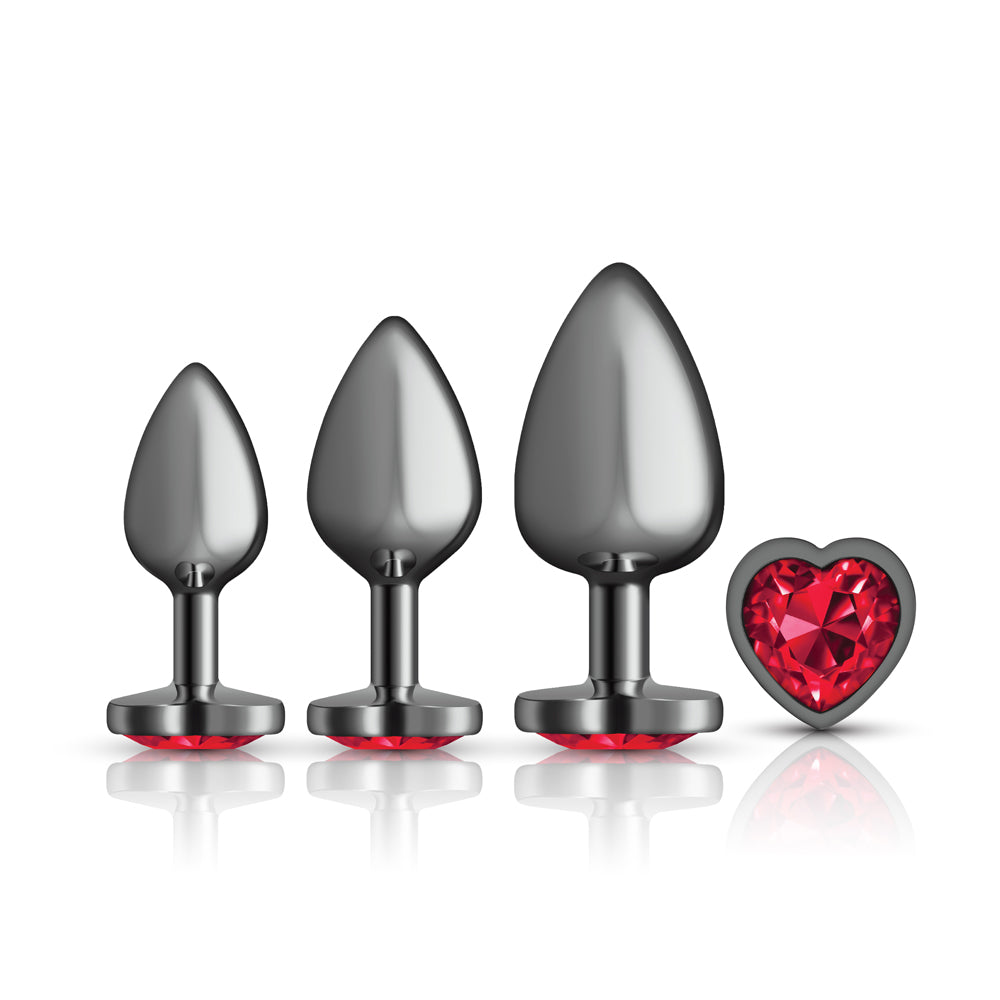 Red Heart Gem Anal Trainer Kit Gunmetal graduated metal plugs with red acrylic gemstones.