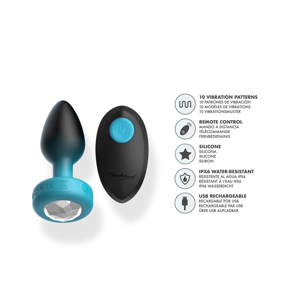 Cheeky Charms Eluxe Vibrating Anal Plug Small Teal and remote control with 10 vibration patterns.