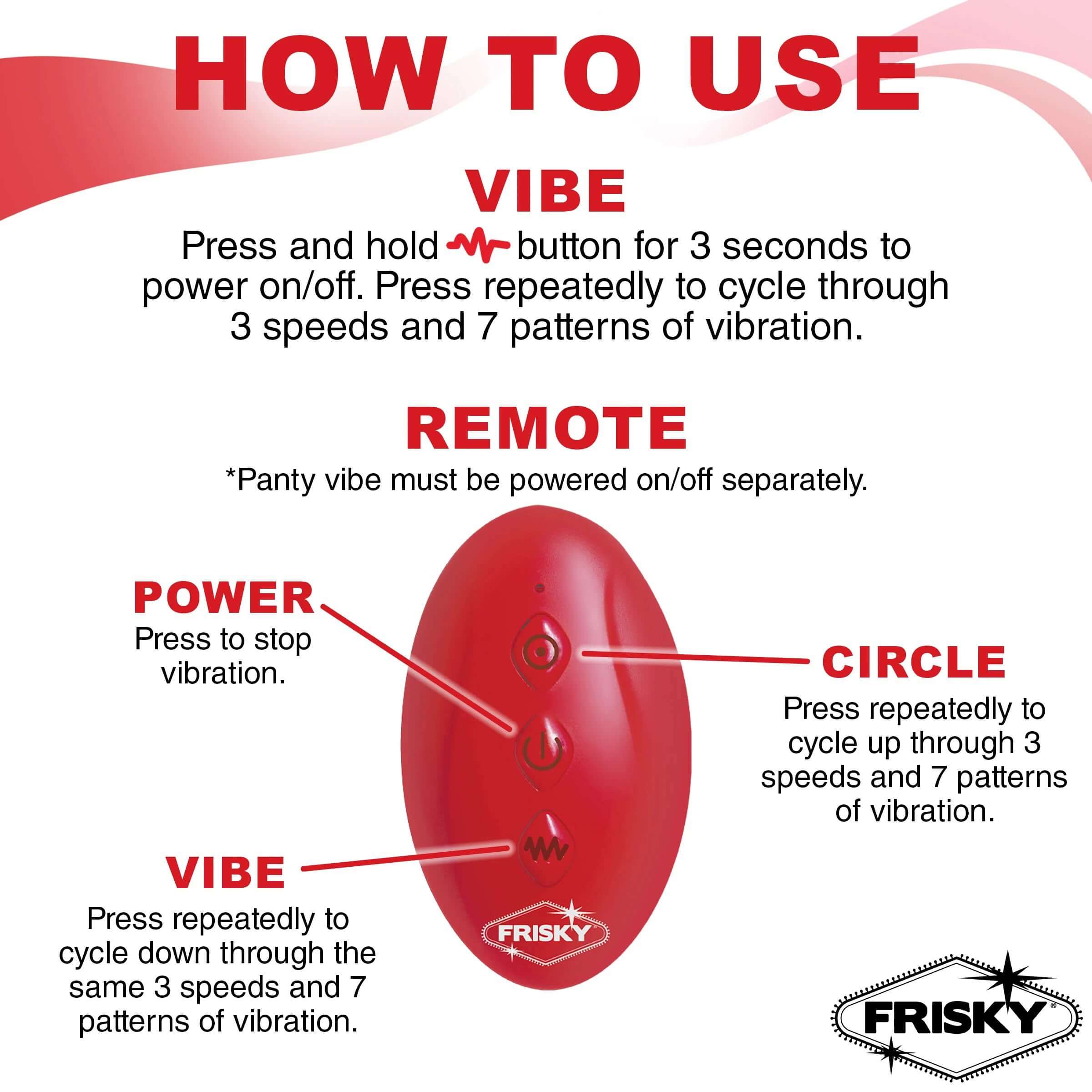 How to use Love Connection silicone panty vibe with remote control instructions - Power, Vibe, Circle buttons explained.