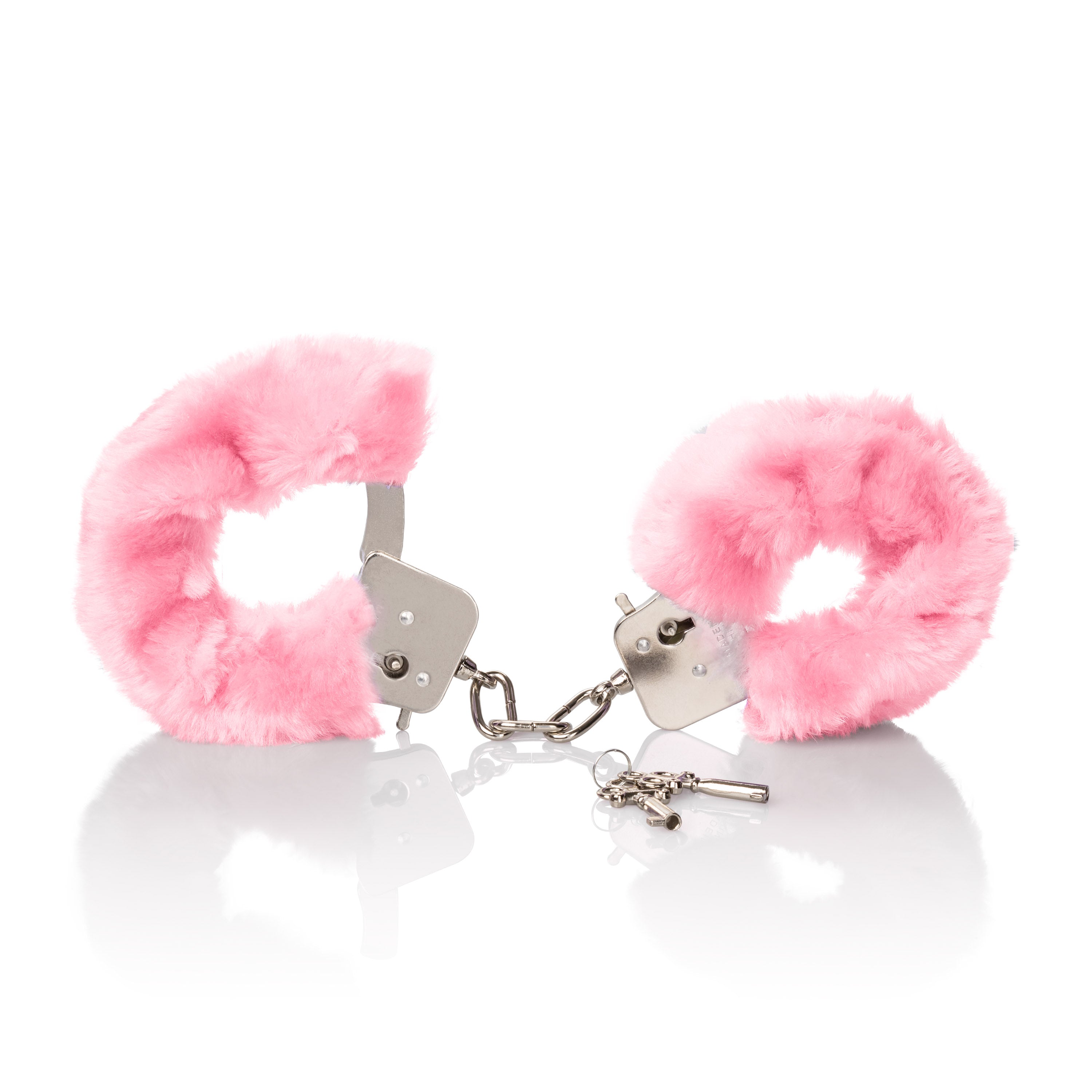 Pleasure Cuffs With Satin Mask featuring soft, cushioned pink furry cuffs and a small key for playful exploration.