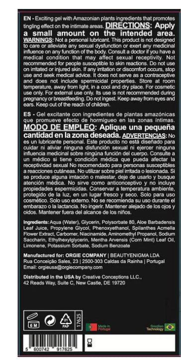 Orgie Sexy Vibe Intimate Arousal Gel 15 ml packaging showing directions and ingredients for enhanced sensitivity.